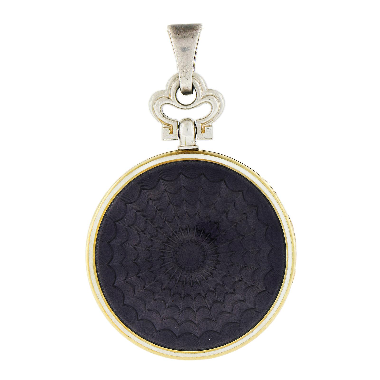Women's Antique 14k Gold Diamond Guilloche Purple Enamel Work Floral Locket Pendant For Sale