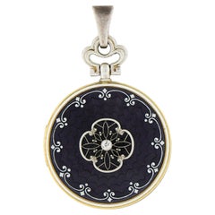 Antique 14k Gold Diamond Guilloche Purple Enamel Work Floral Locket Pendant