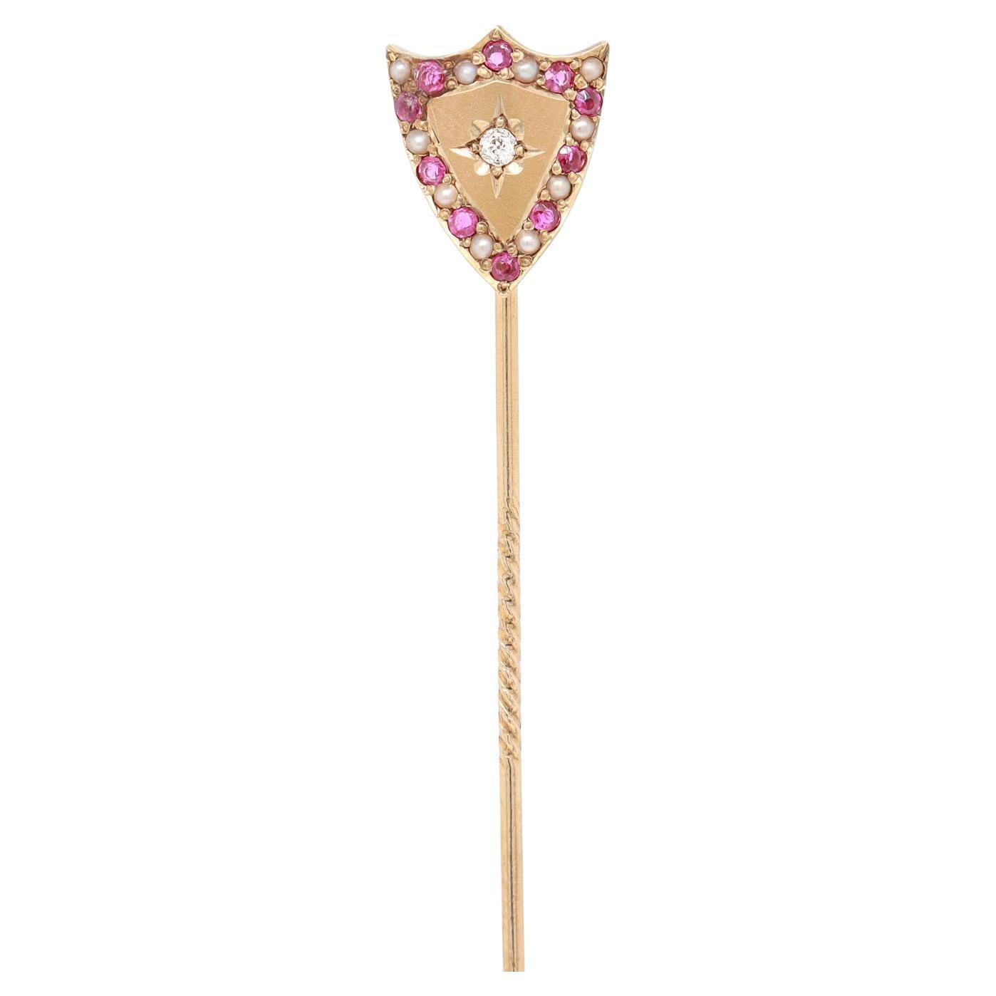 Antique 14k Gold, Diamond, & Red Spinel Gemstone Crest or Shield Stickpin