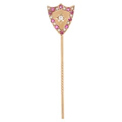 Antique 14k Gold, Diamond, & Red Spinel Gemstone Crest or Shield Stickpin