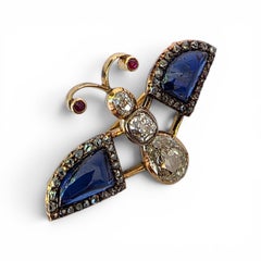 Antique 14k Gold Diamond Sapphire Butterfly Brooch, Circa 1899, Russia