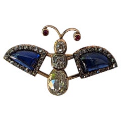 Antique 14k Gold Diamond Sapphire Butterfly Brooch, Circa 1899, Russia