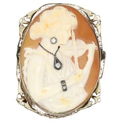 Antique 14K Gold Diamond Violinist Cameo Brooch