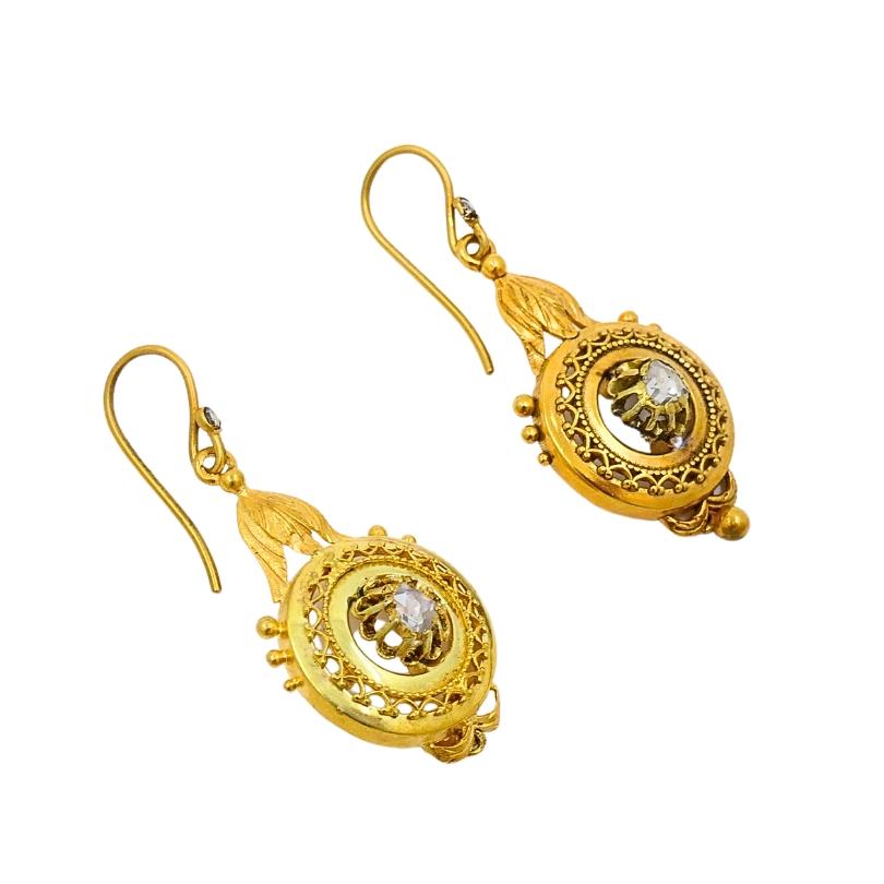 Taille rose Antiquities Boucles d'oreilles en or 14k Diamant taille rose en vente