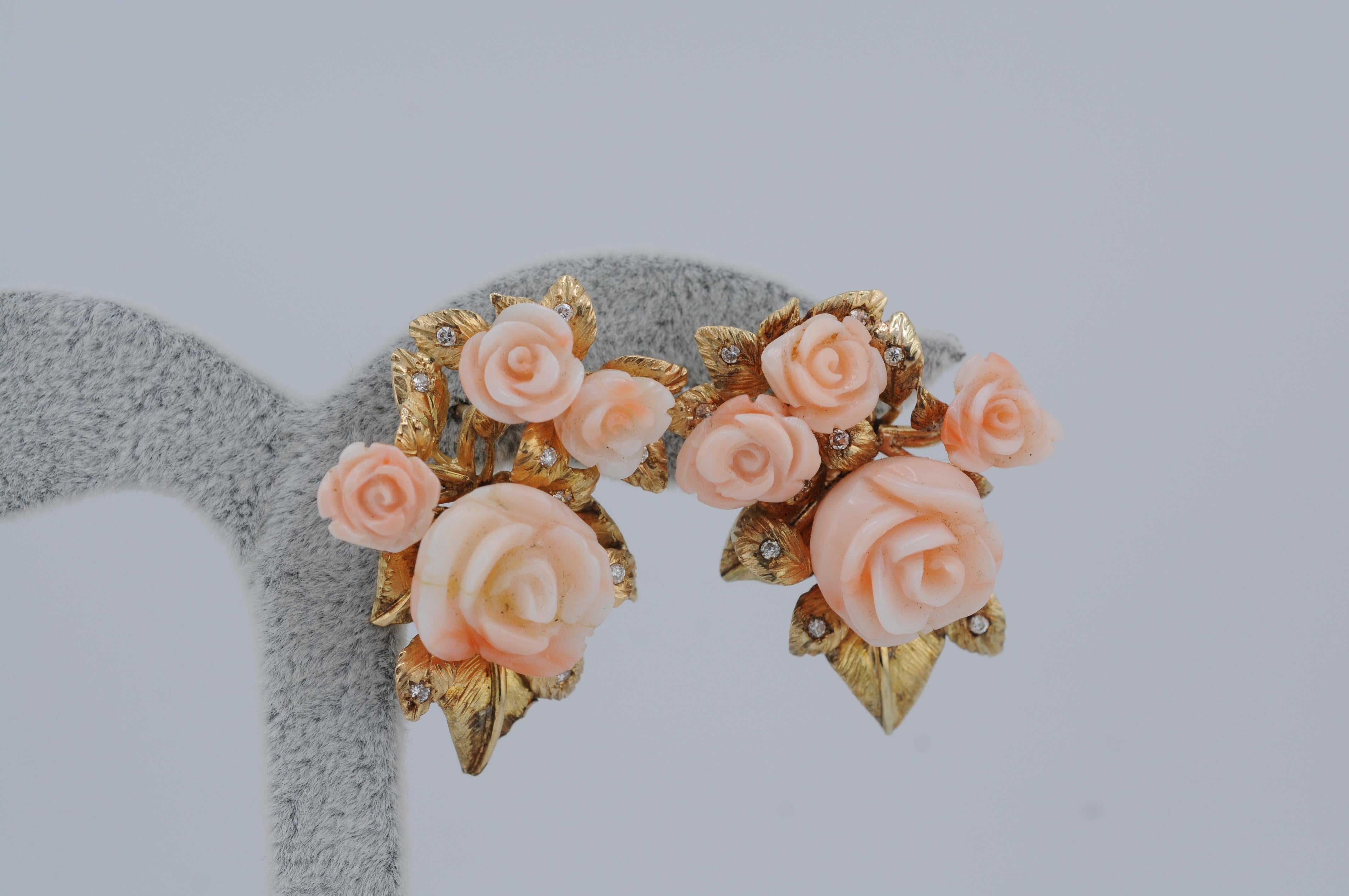 Women's or Men's Antique 14K Gold Earrings with Carved Angel Skin Coral Roses For Sale