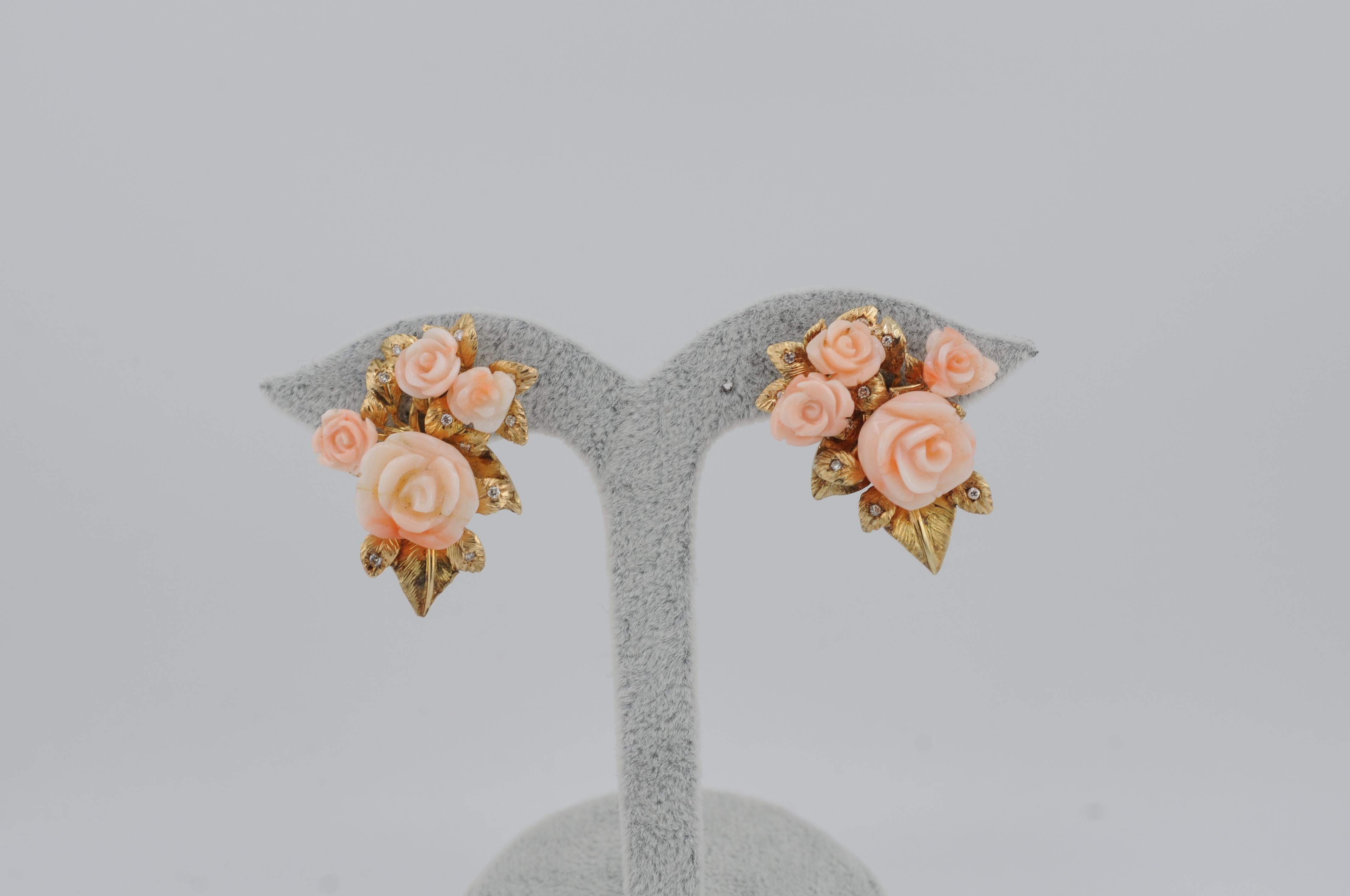 Antique 14K Gold Earrings with Carved Angel Skin Coral Roses For Sale 1