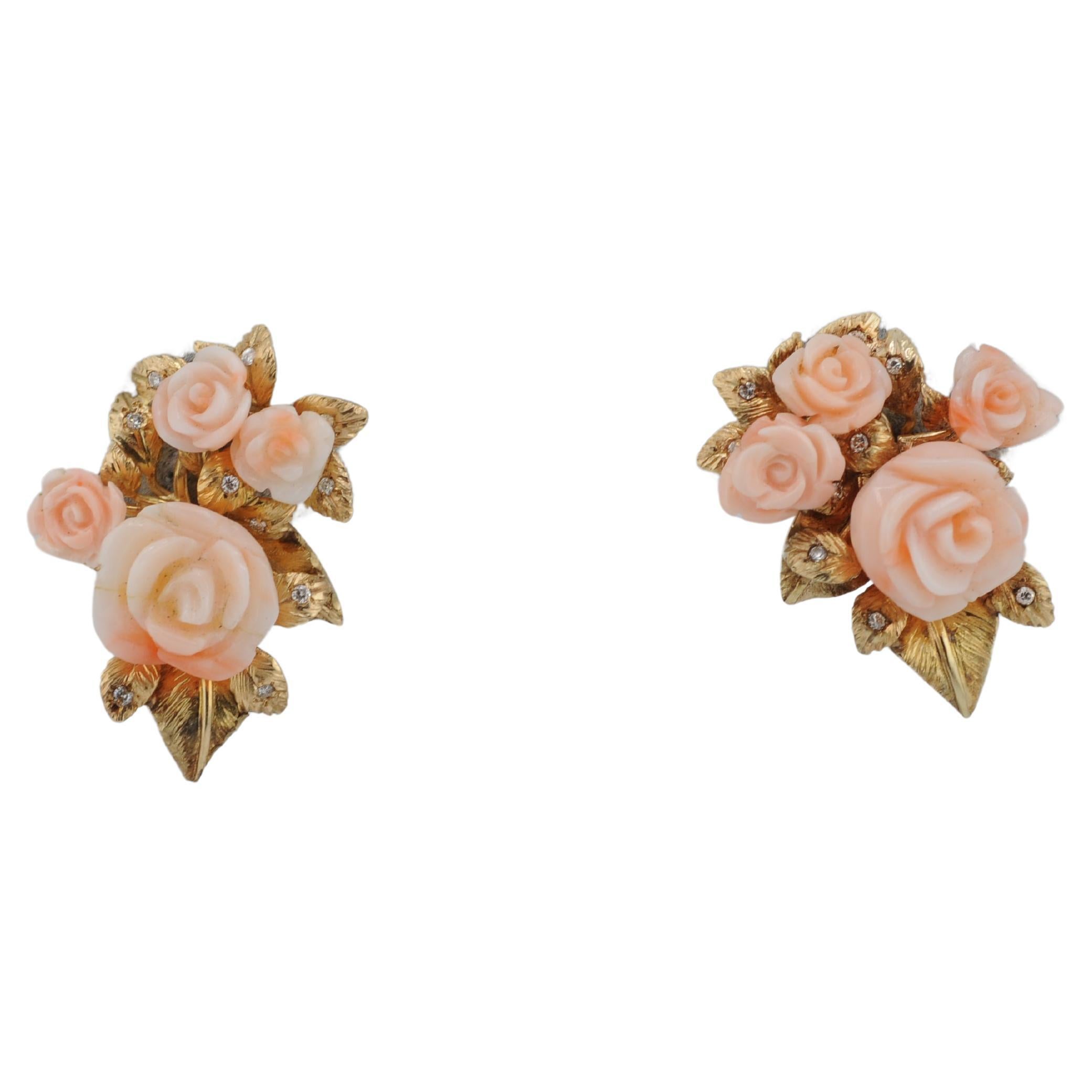 Antique 14K Gold Earrings with Carved Angel Skin Coral Roses