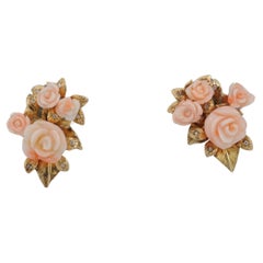 Antique 14K Gold Earrings with Carved Angel Skin Coral Roses
