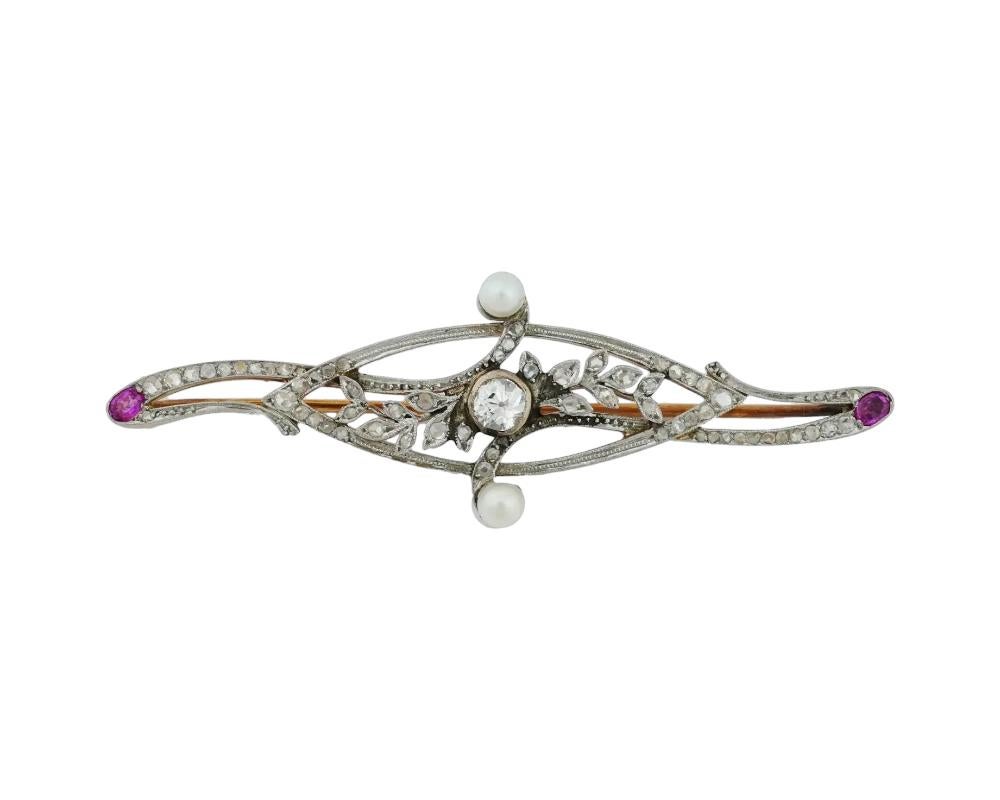 Antiguo broche eduardiano de oro de 14 quilates con diamantes y perlas
