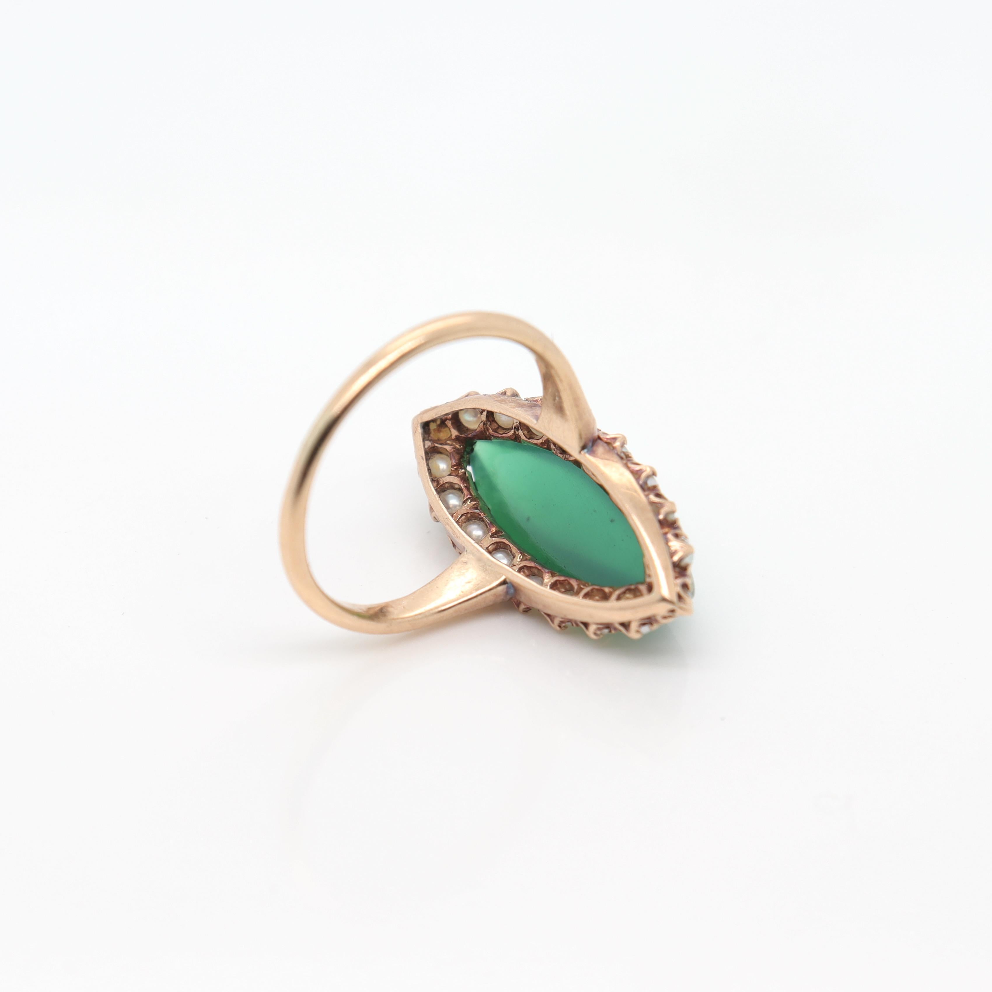 Antique 14K Gold Edwardian Style Navette Chrysoprase Cabochon & Seed Pearl Ring For Sale 5