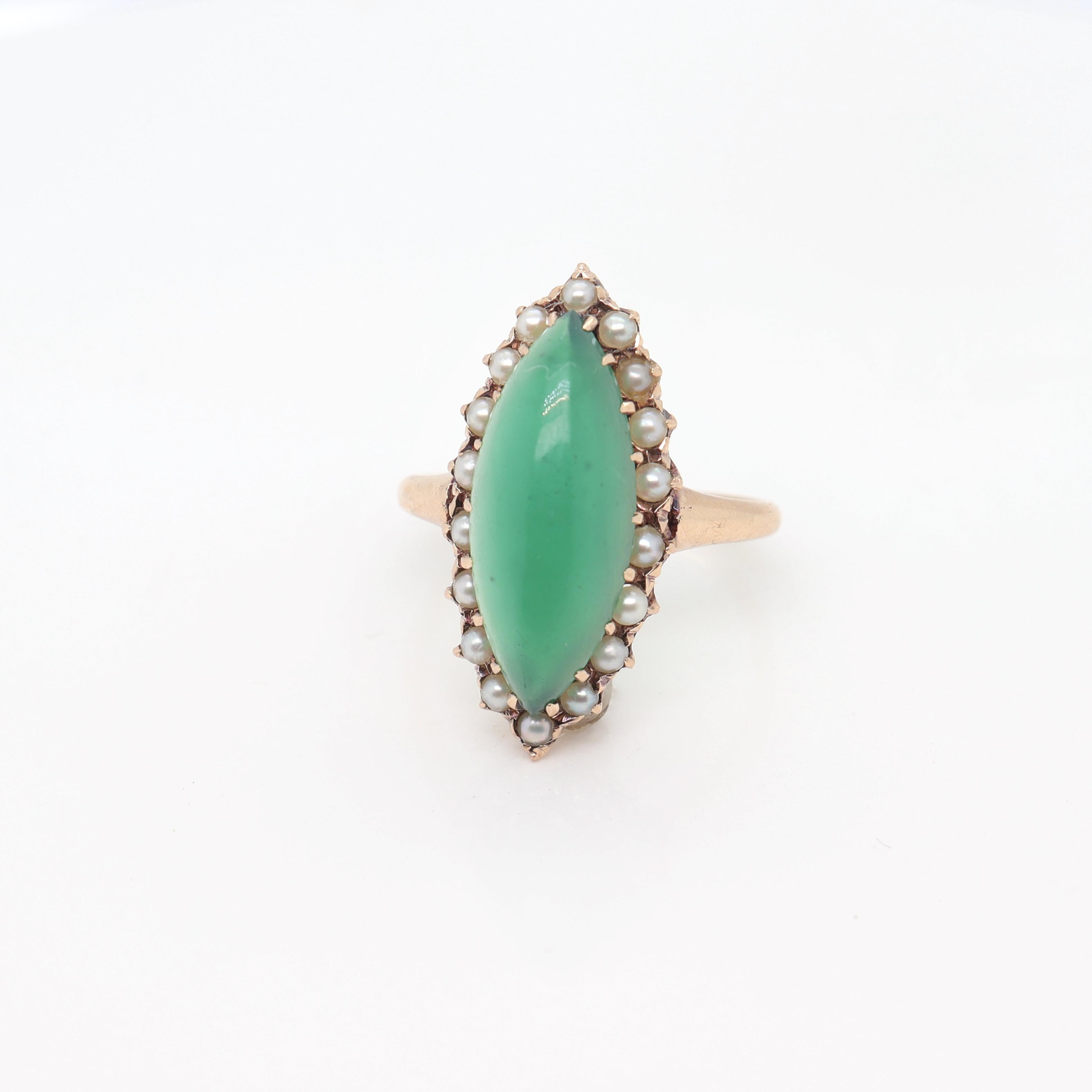 Antique 14K Gold Edwardian Style Navette Chrysoprase Cabochon & Seed Pearl Ring In Good Condition For Sale In Philadelphia, PA