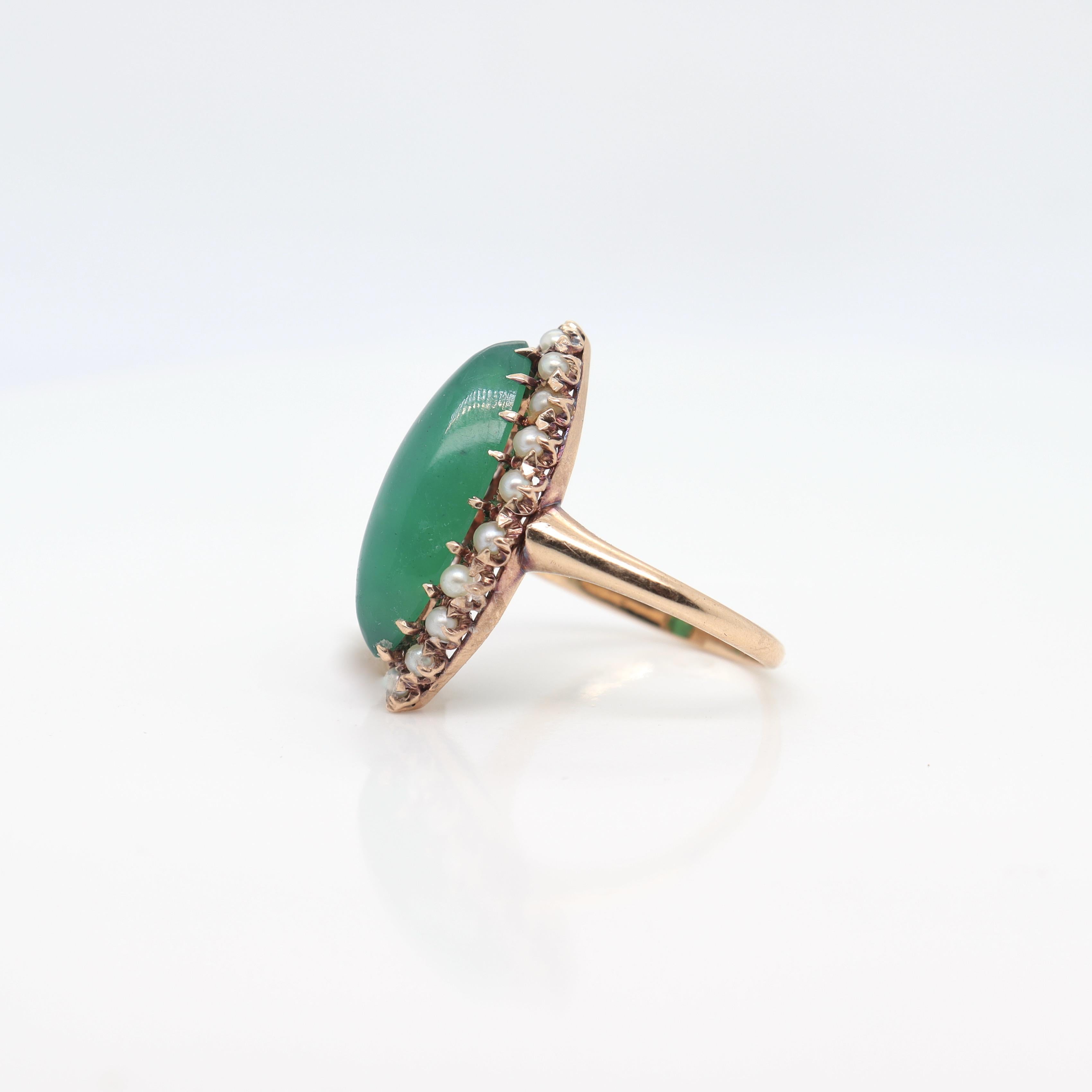 Women's Antique 14K Gold Edwardian Style Navette Chrysoprase Cabochon & Seed Pearl Ring For Sale