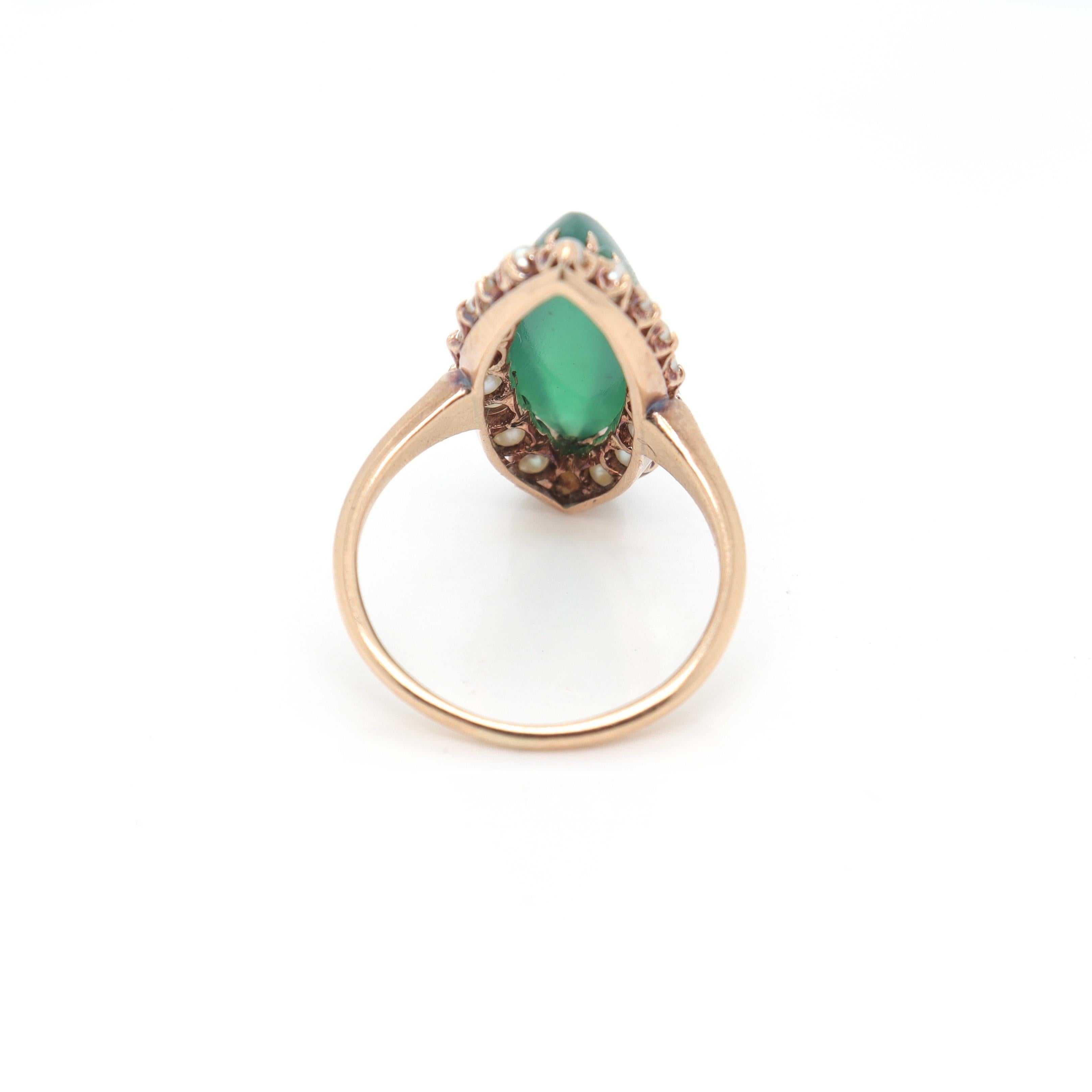 Antique 14K Gold Edwardian Style Navette Chrysoprase Cabochon & Seed Pearl Ring For Sale 1