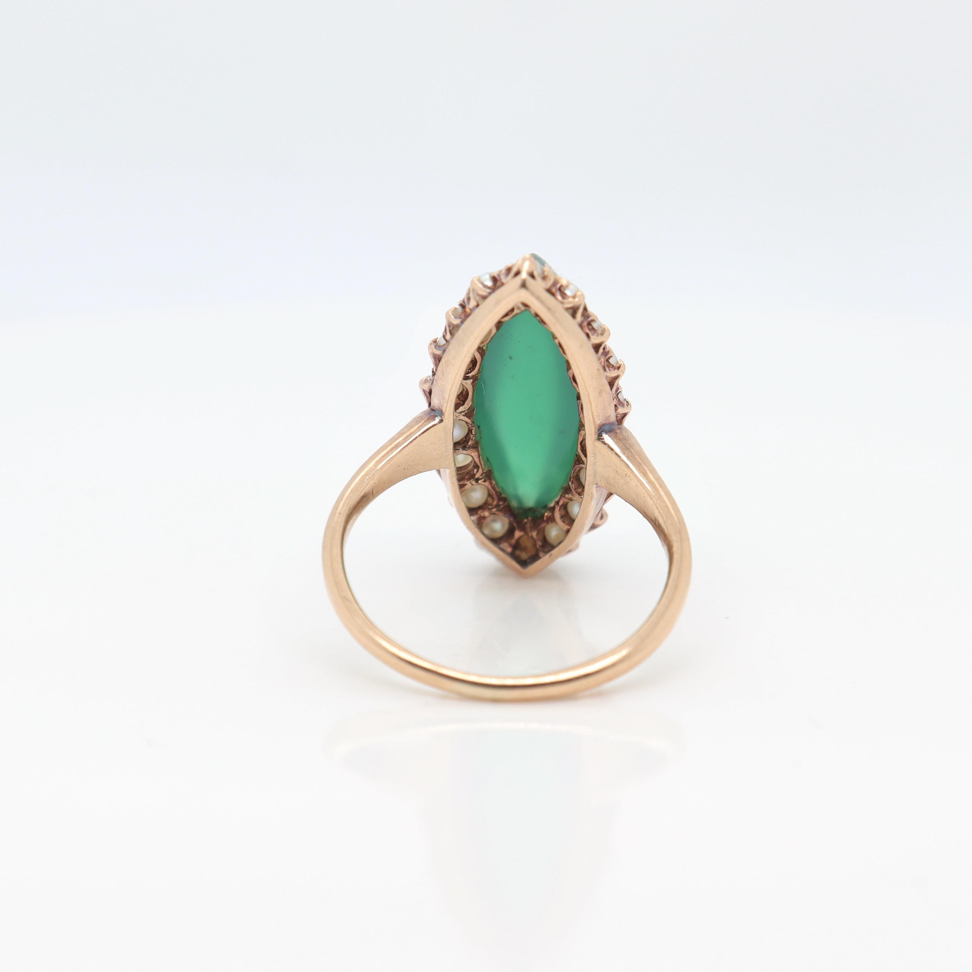 Antique 14K Gold Edwardian Style Navette Chrysoprase Cabochon & Seed Pearl Ring For Sale 2