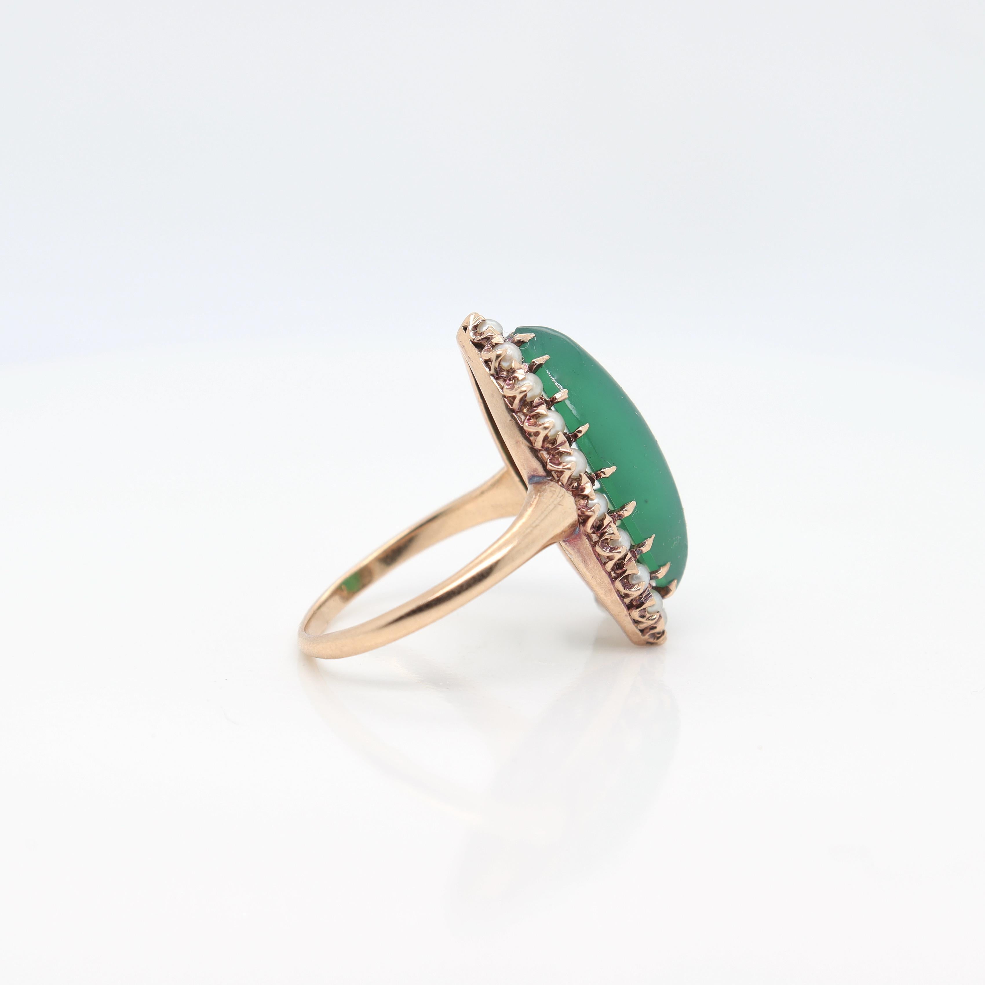 Antique 14K Gold Edwardian Style Navette Chrysoprase Cabochon & Seed Pearl Ring For Sale 3