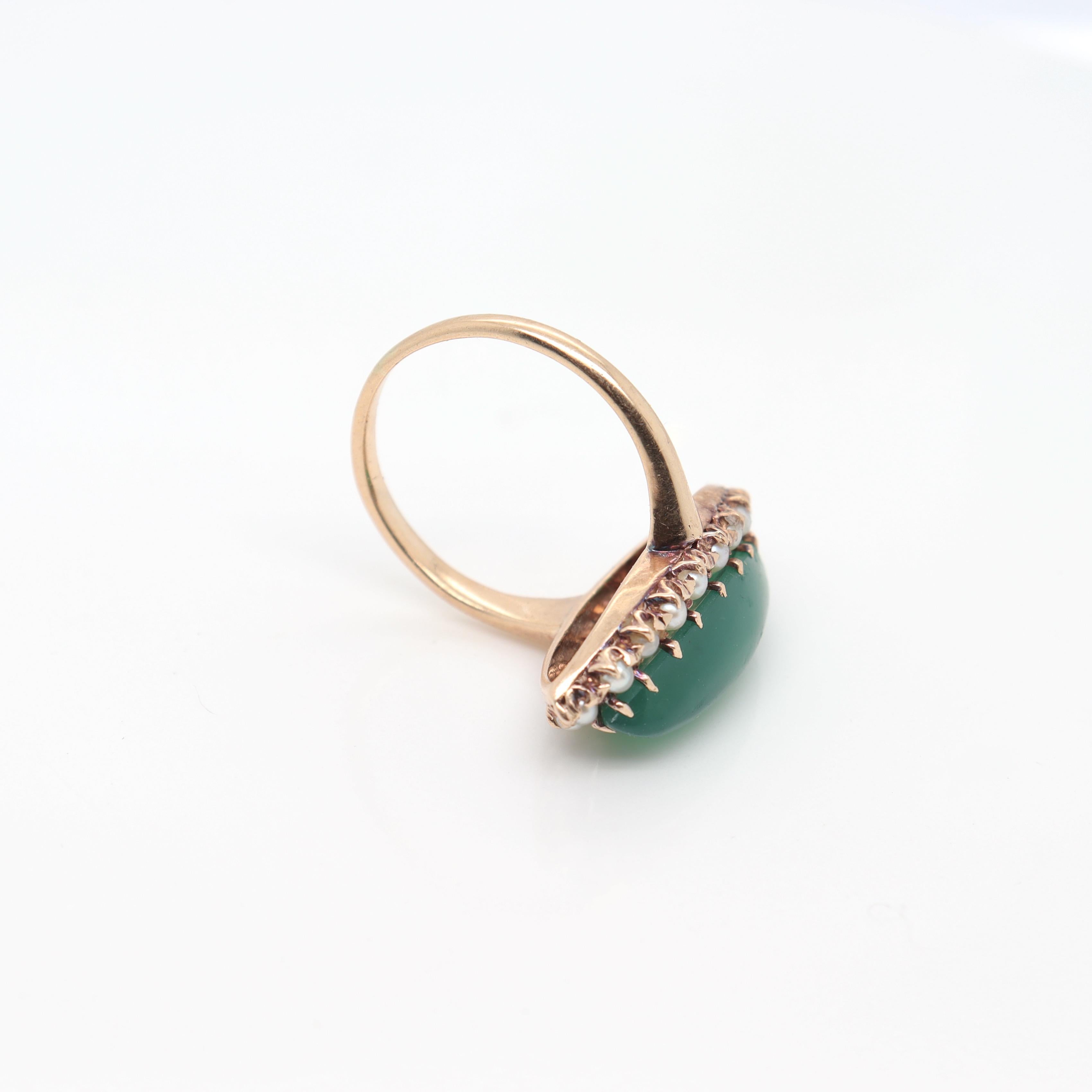 Antique 14K Gold Edwardian Style Navette Chrysoprase Cabochon & Seed Pearl Ring For Sale 4
