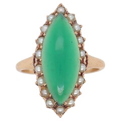 Vintage 14K Gold Edwardian Style Navette Chrysoprase Cabochon & Seed Pearl Ring