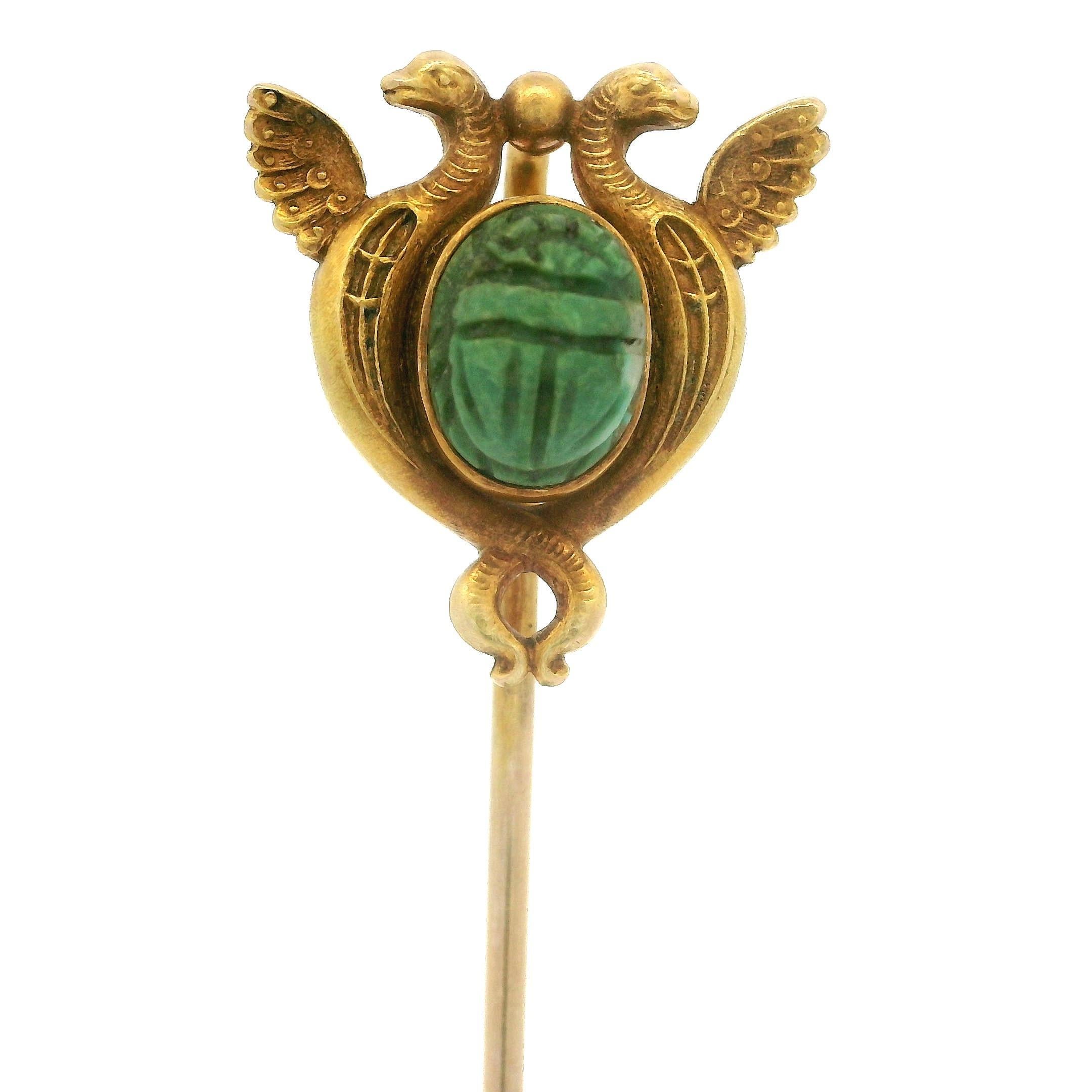 Alfiler antiguo de oro de 14 quilates con emblema de serpiente escarabajo egipcio tallado en turquesa en venta 9