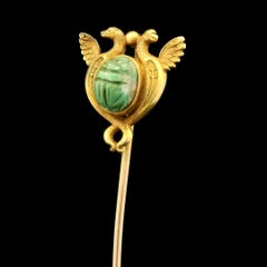 Antique 14k Gold Egyptian Revival Carved Turquoise Scarab Serpent Emblem Pin