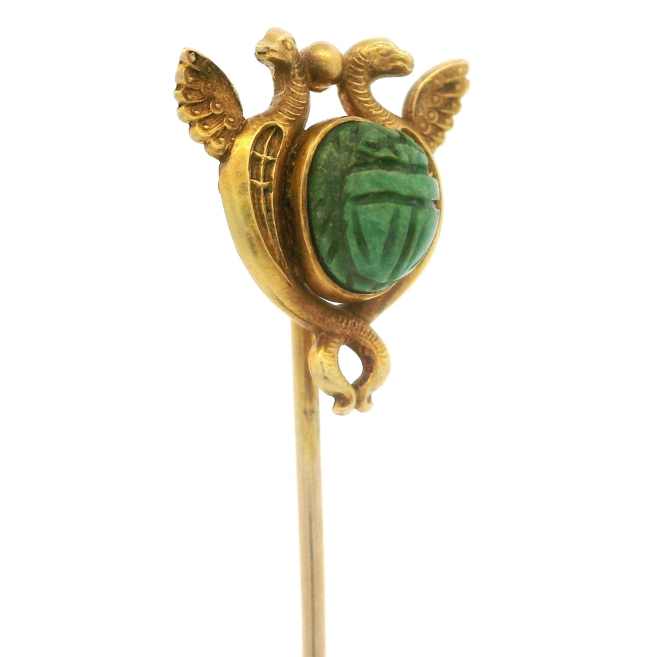 Alfiler antiguo de oro de 14 quilates con emblema de serpiente escarabajo egipcio tallado en turquesa en venta 3