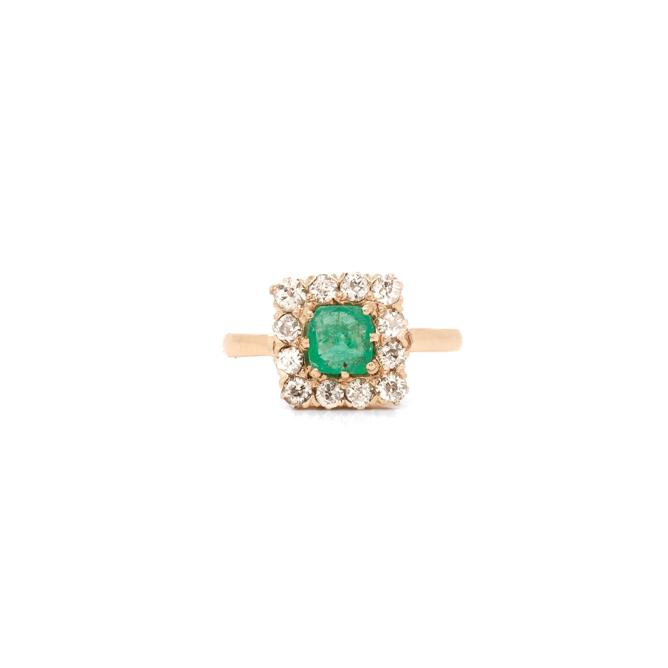 Antique 14K Gold, Emerald, and Diamond Cocktail Ring For Sale 5