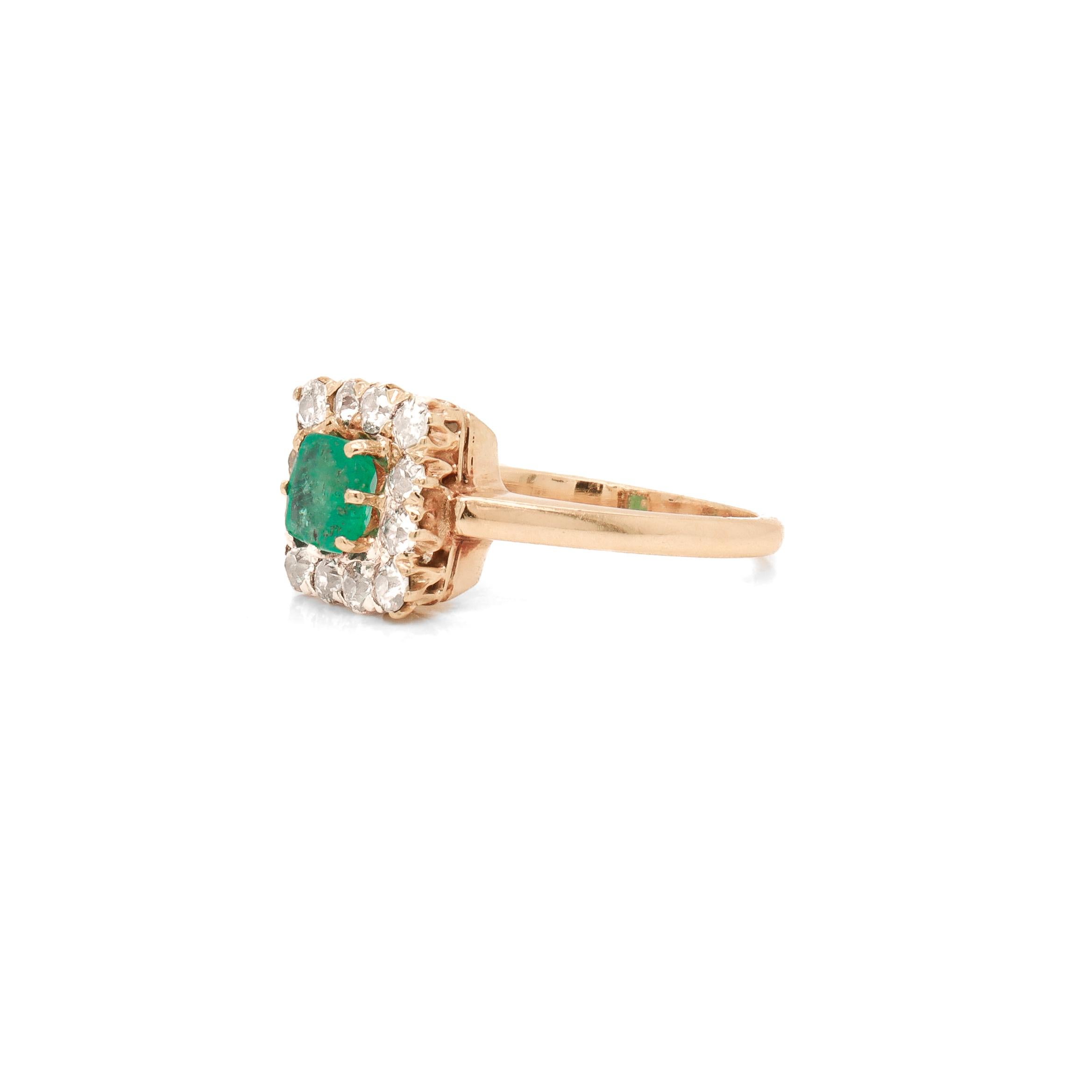 A fine antique gold, emerald, and diamond ring.

In 14 karat yellow gold.

With a central prong-set 0.55ct± emerald cut emerald surrounded by a halo of 12 Old European cut diamonds.

Marked to the shank.

Accompanied by a GEMLAB (Gemological