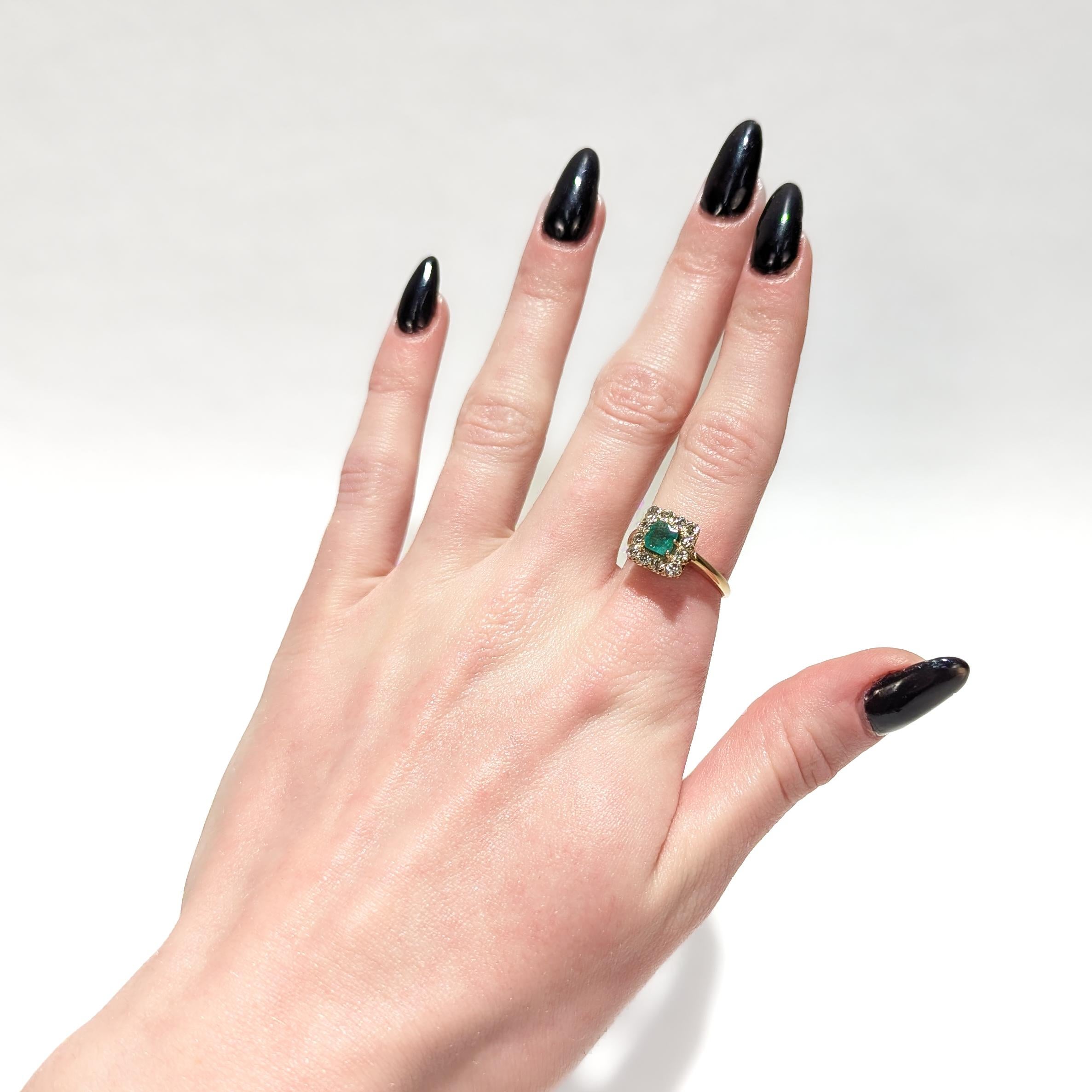 Emerald Cut Antique 14K Gold, Emerald, and Diamond Cocktail Ring For Sale