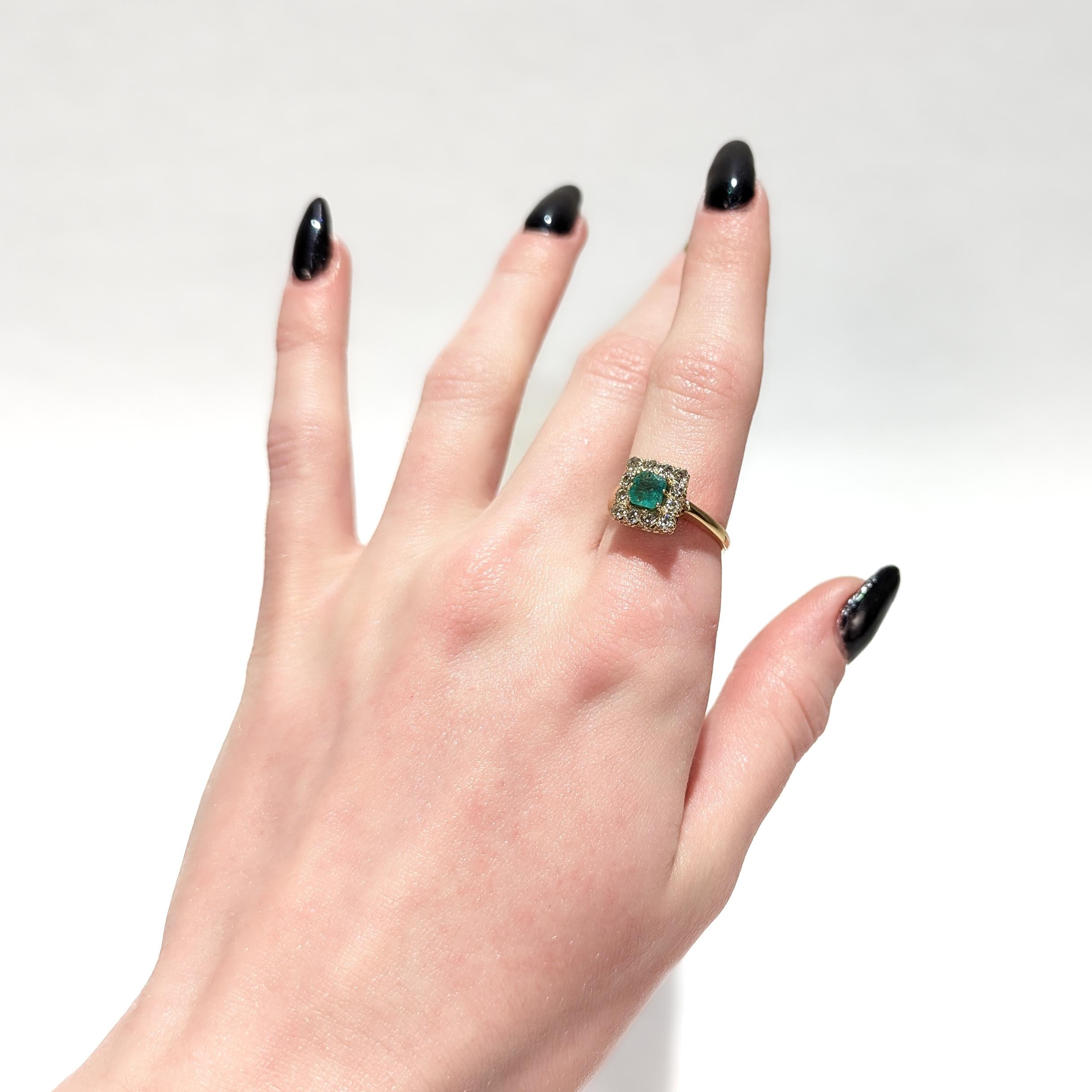 Antique 14K Gold, Emerald, and Diamond Cocktail Ring In Fair Condition For Sale In Philadelphia, PA