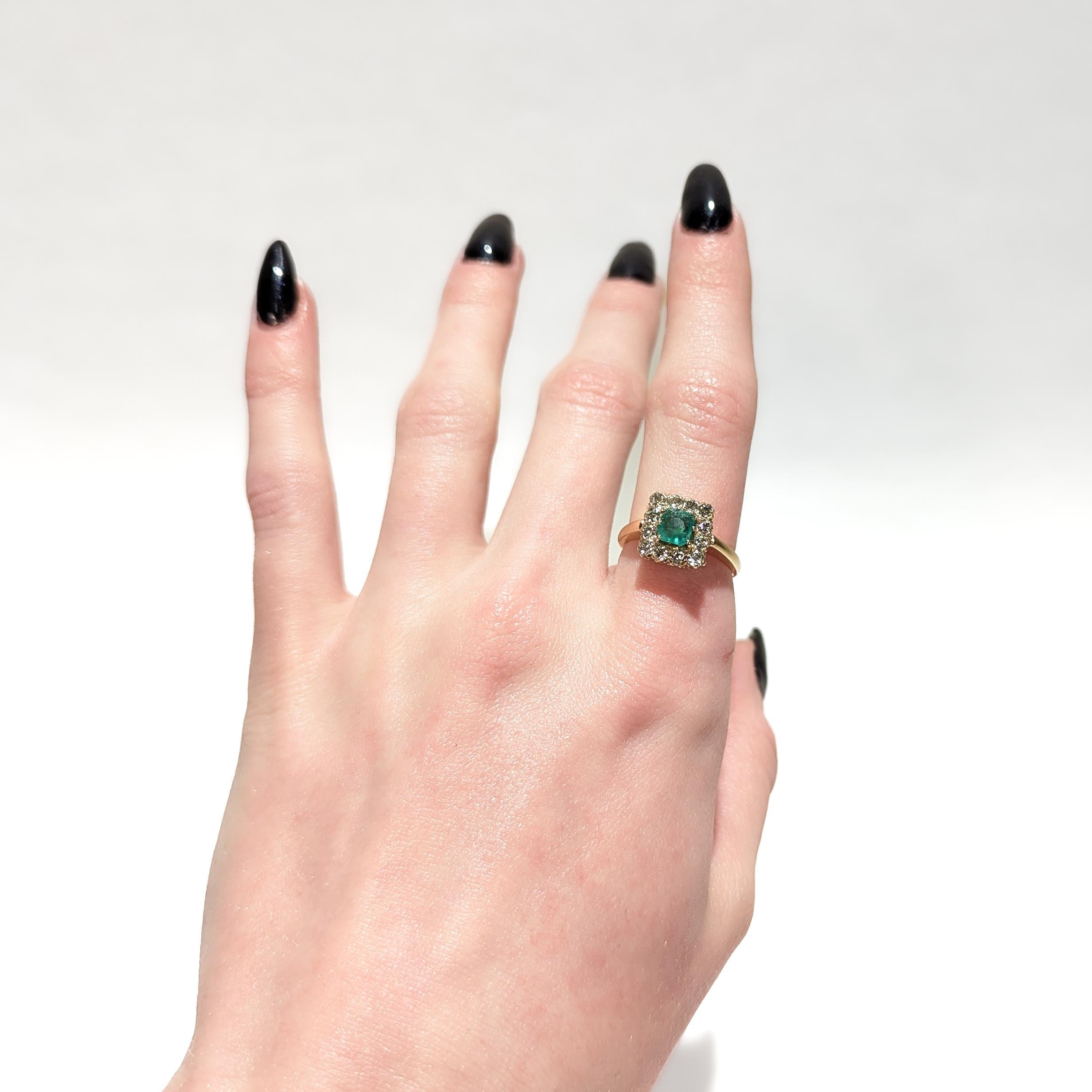 Women's Antique 14K Gold, Emerald, and Diamond Cocktail Ring For Sale