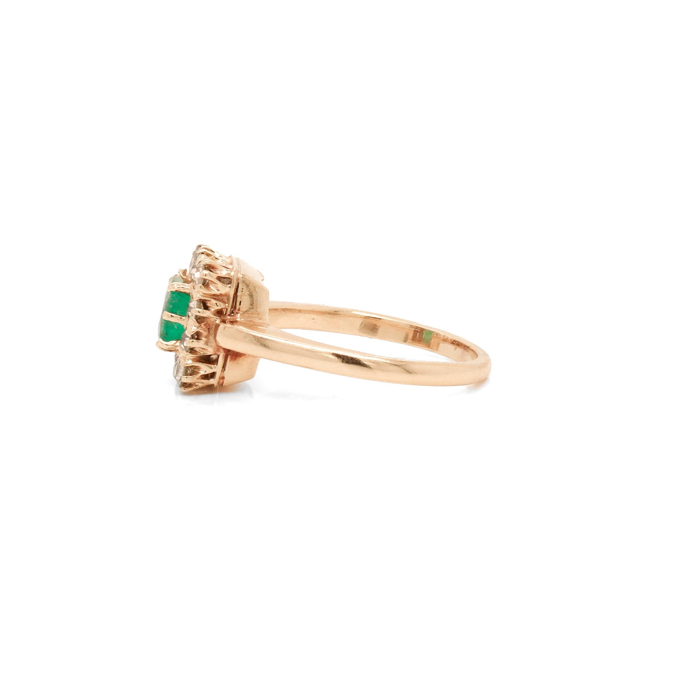 Antique 14K Gold, Emerald, and Diamond Cocktail Ring For Sale 1