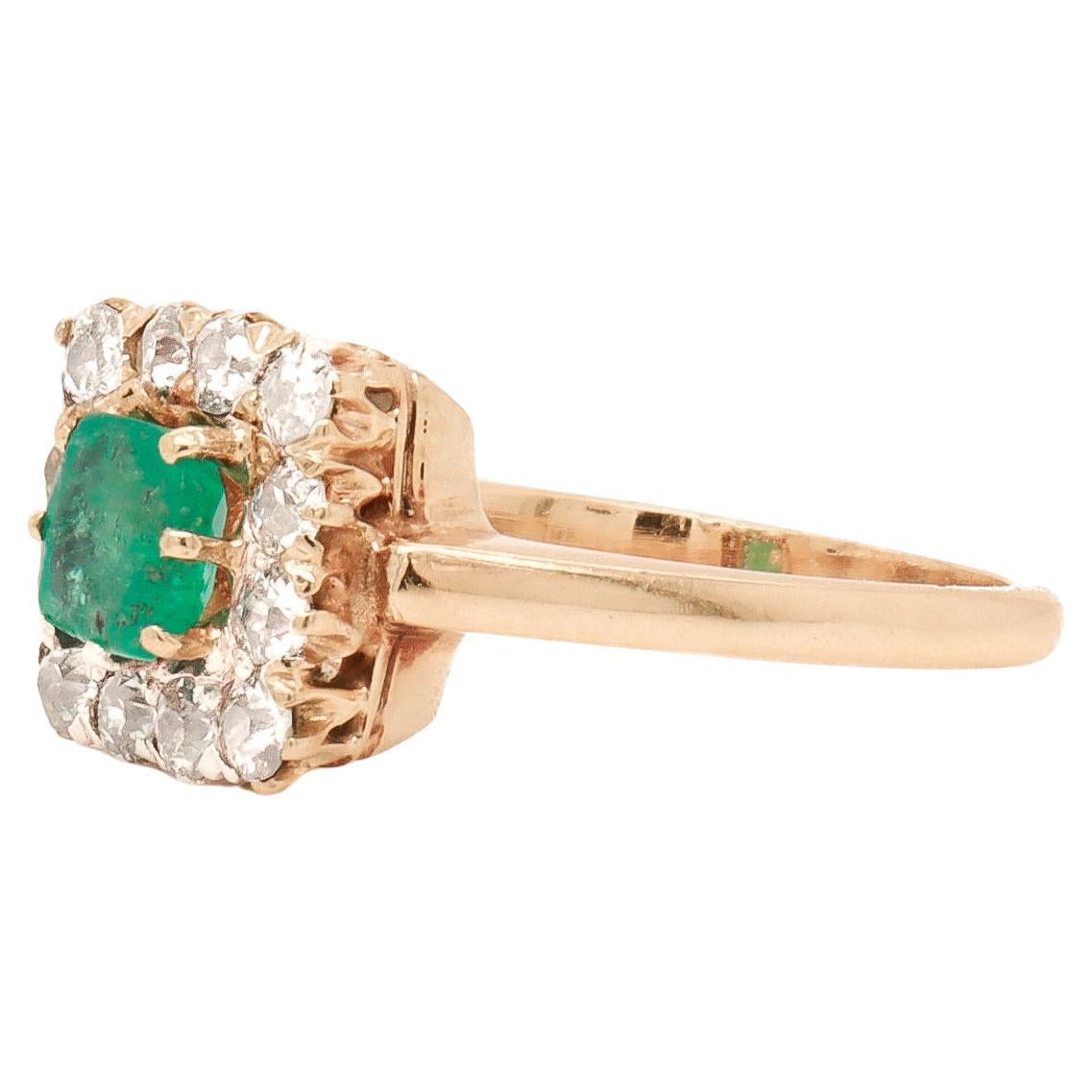 Antique 14K Gold, Emerald, and Diamond Cocktail Ring