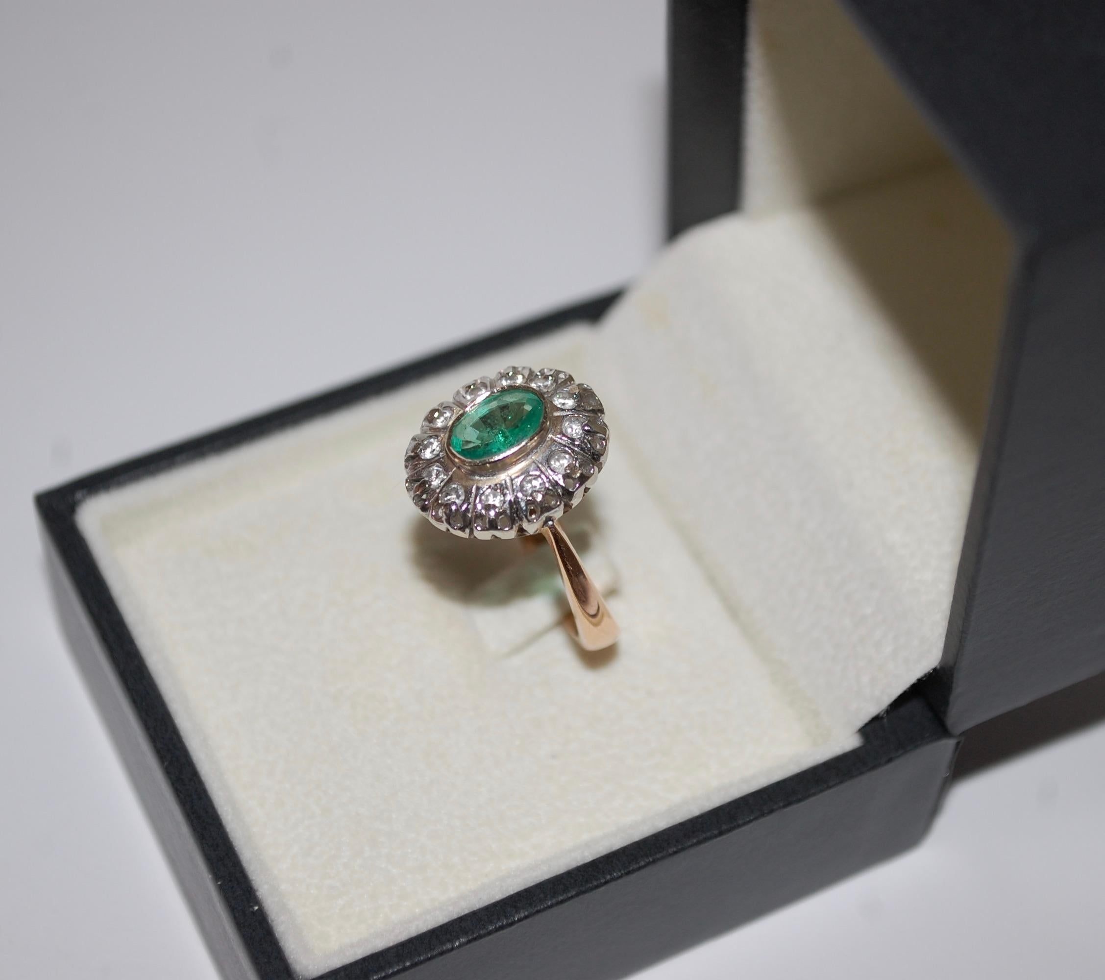 Edwardian Antique 14K Gold Emerald and Diamond Earrings Ring Set For Sale