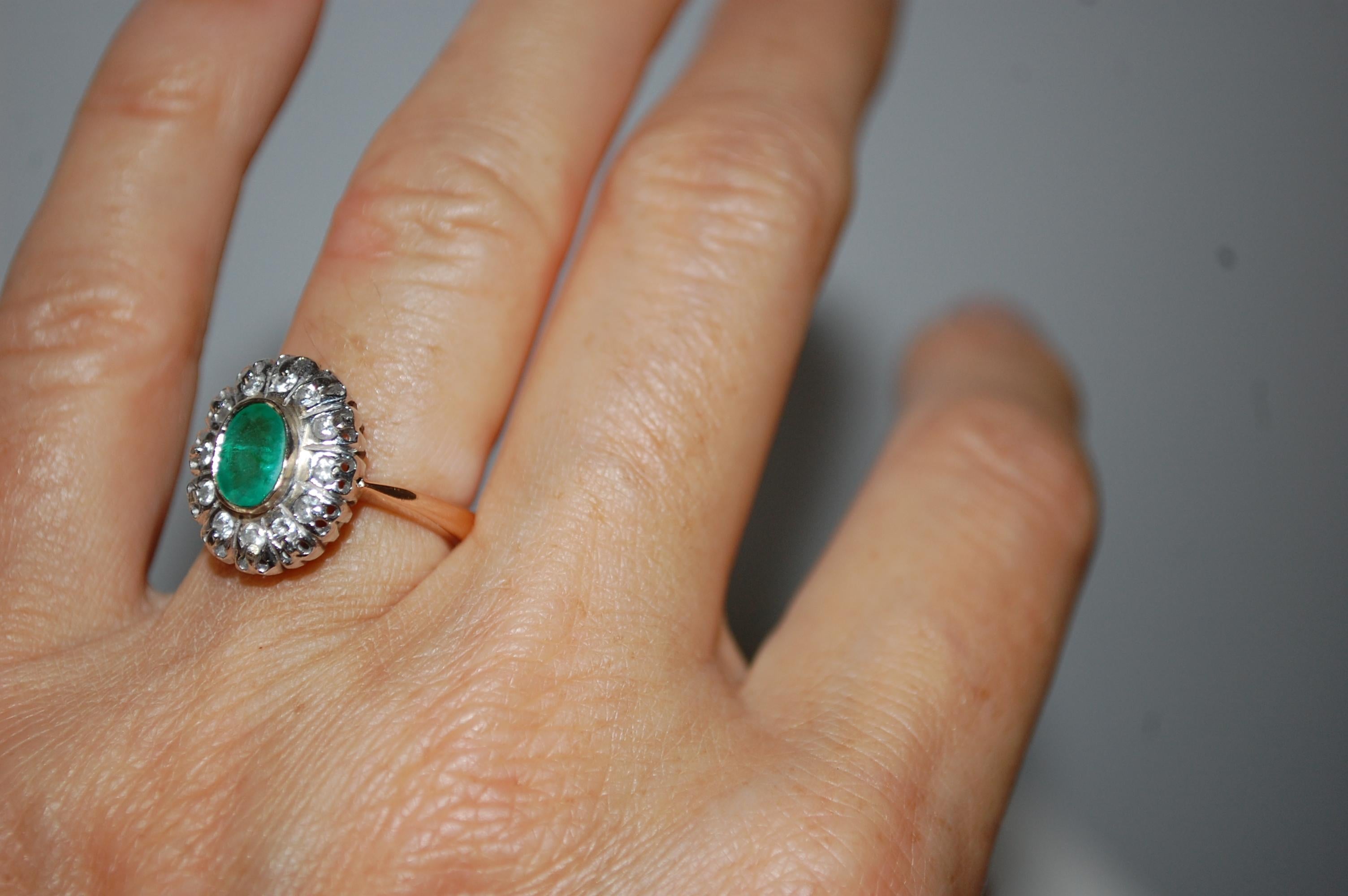 Emerald Cut Antique 14K Gold Emerald and Diamond Earrings Ring Set For Sale