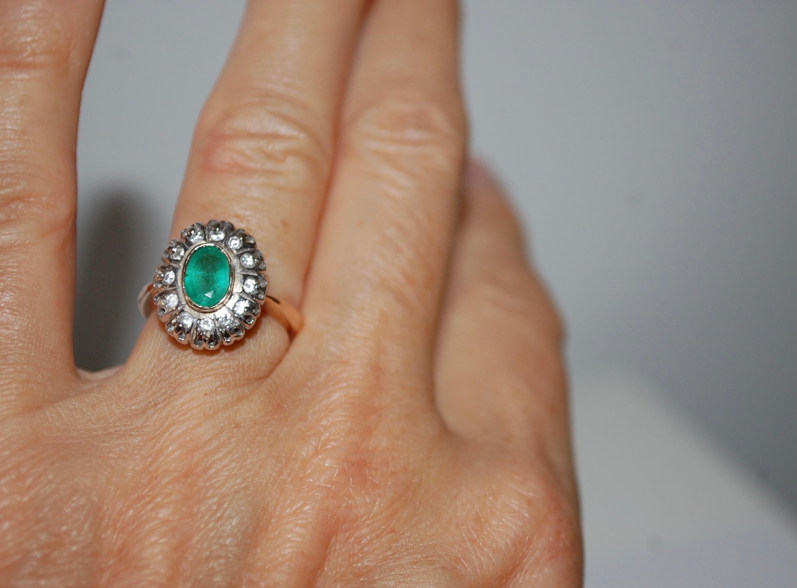 Antique 14K Gold Emerald and Diamond Earrings Ring Set In Excellent Condition For Sale In Lake Worth, FL