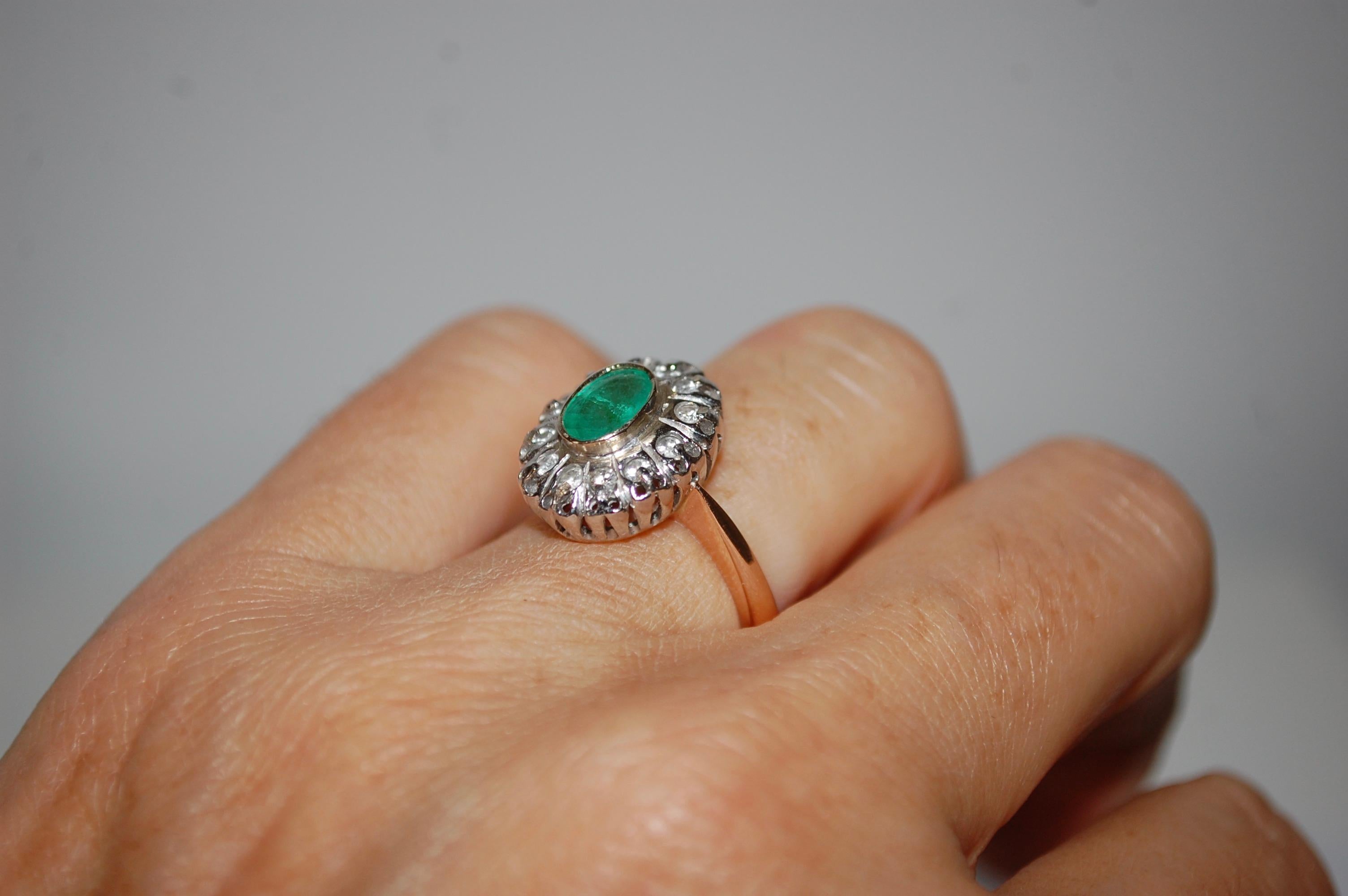 Women's Antique 14K Gold Emerald and Diamond Earrings Ring Set For Sale