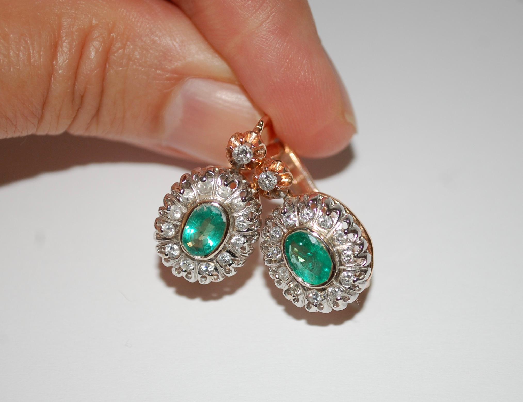 Antique 14K Gold Emerald and Diamond Earrings Ring Set For Sale 1