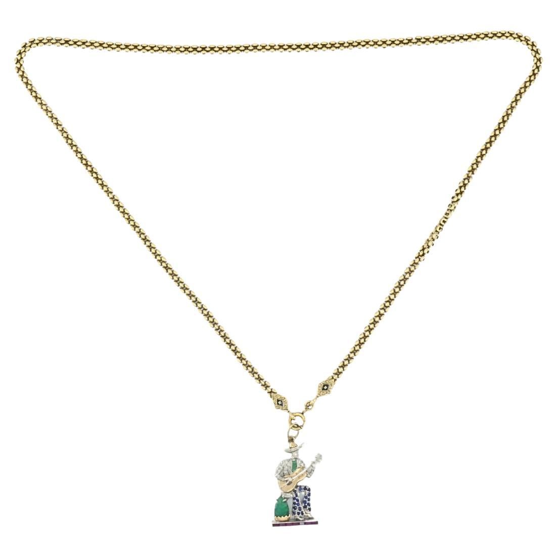 Antique 14k Gold Enamel Chain Necklace Platinum Pendant For Sale