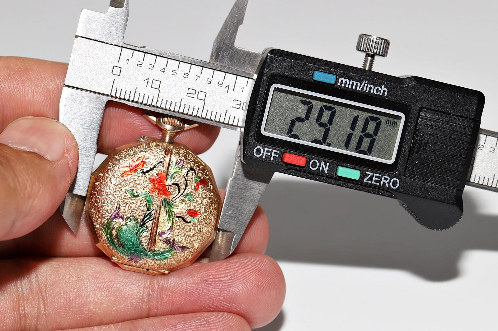 Antike 14k Gold Emaille-Taschenuhr mit verziertem Anhänger im Angebot 5