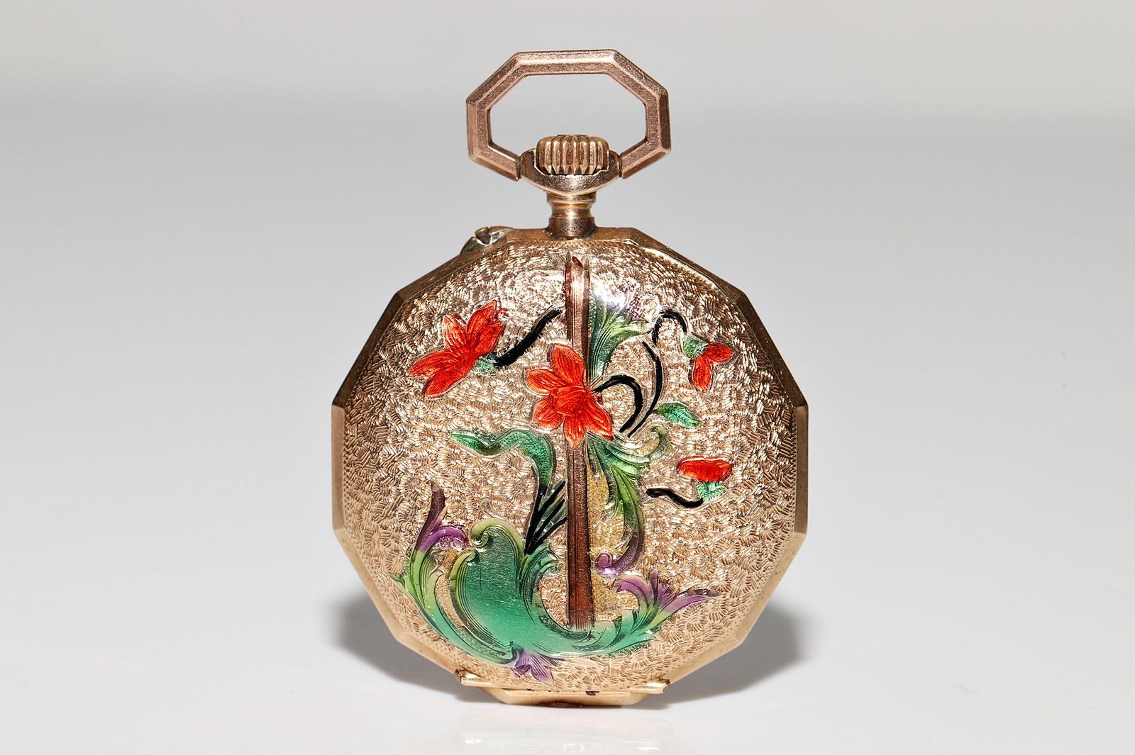 Antike 14k Gold Emaille-Taschenuhr mit verziertem Anhänger im Angebot 7