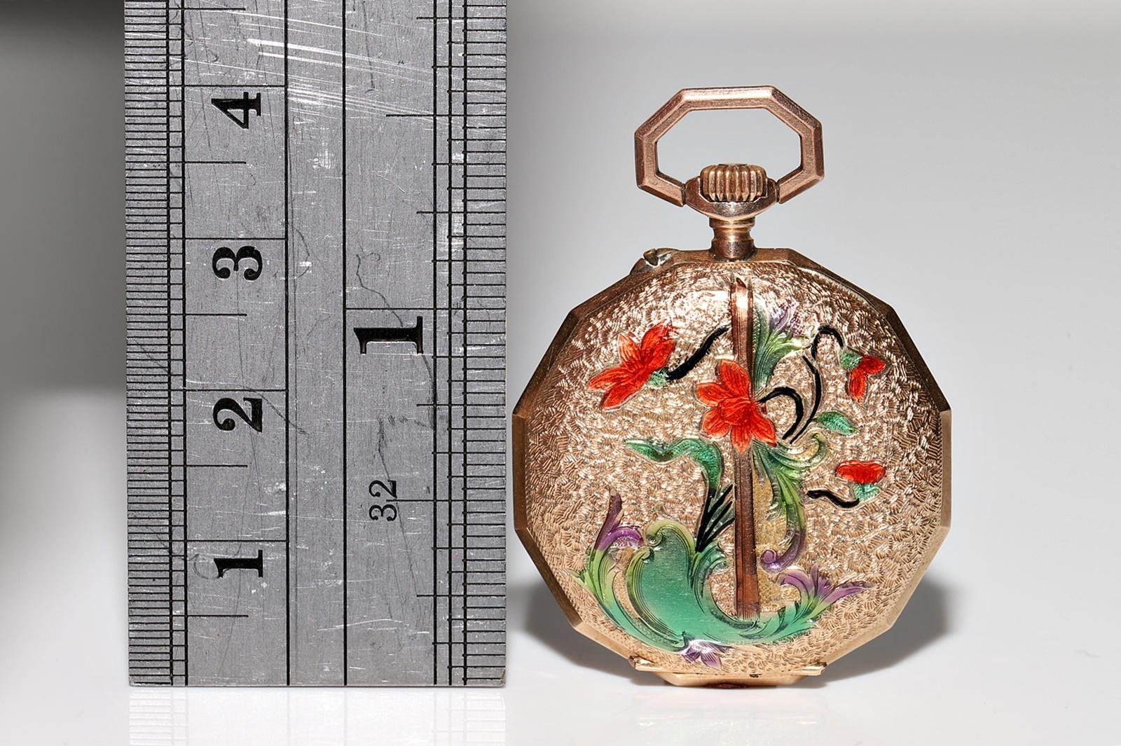 Antike 14k Gold Emaille-Taschenuhr mit verziertem Anhänger im Angebot 8