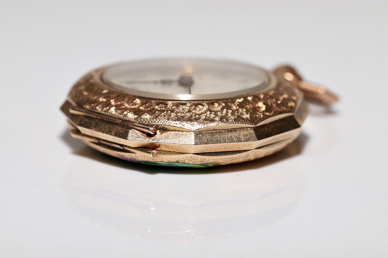 Antike 14k Gold Emaille-Taschenuhr mit verziertem Anhänger im Angebot 10