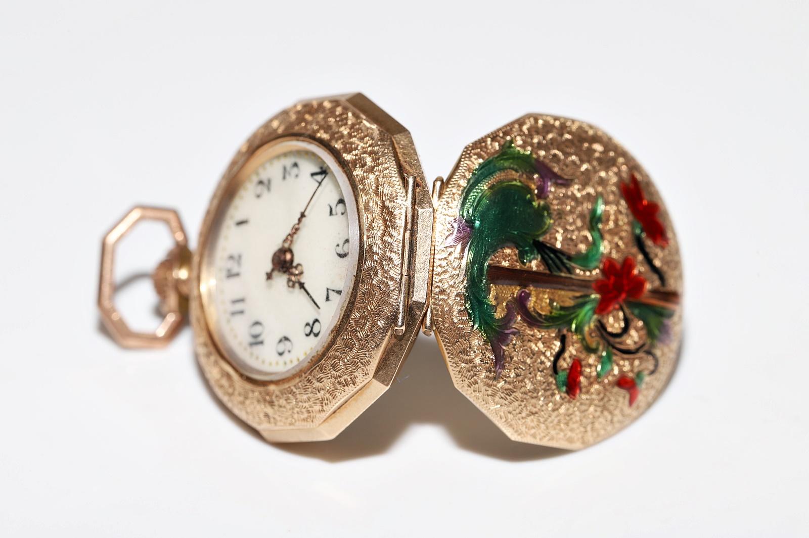 Antike 14k Gold Emaille-Taschenuhr mit verziertem Anhänger im Zustand „Gut“ im Angebot in Fatih/İstanbul, 34