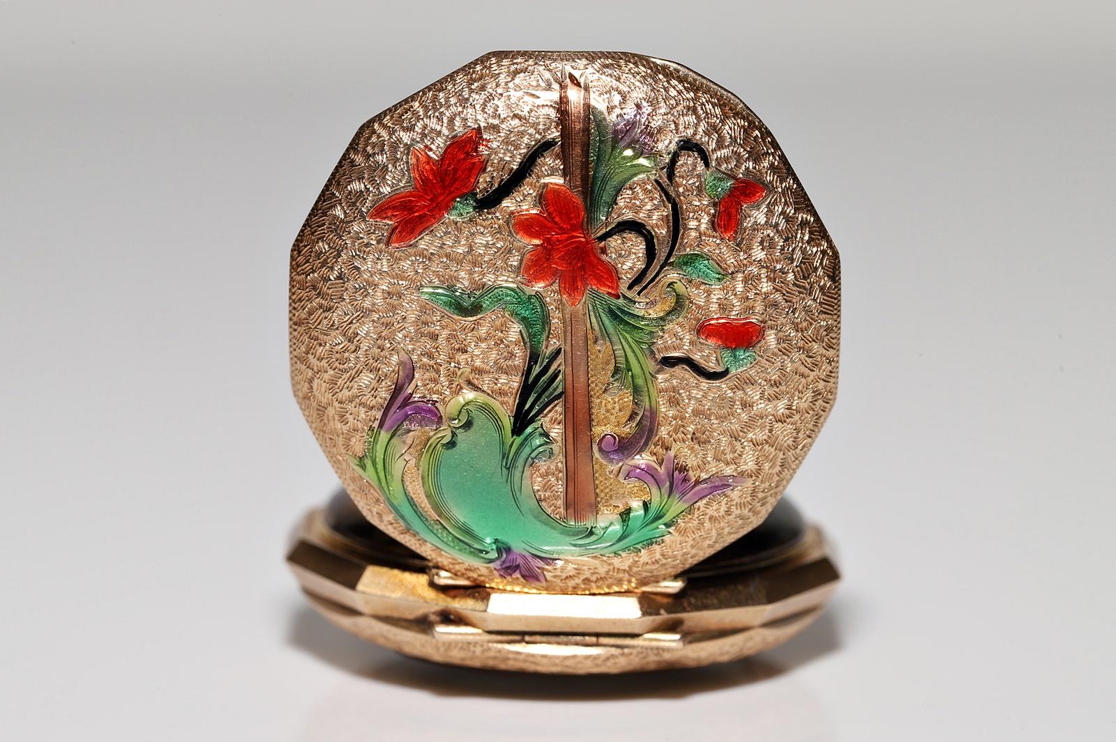 Antike 14k Gold Emaille-Taschenuhr mit verziertem Anhänger für Damen oder Herren im Angebot