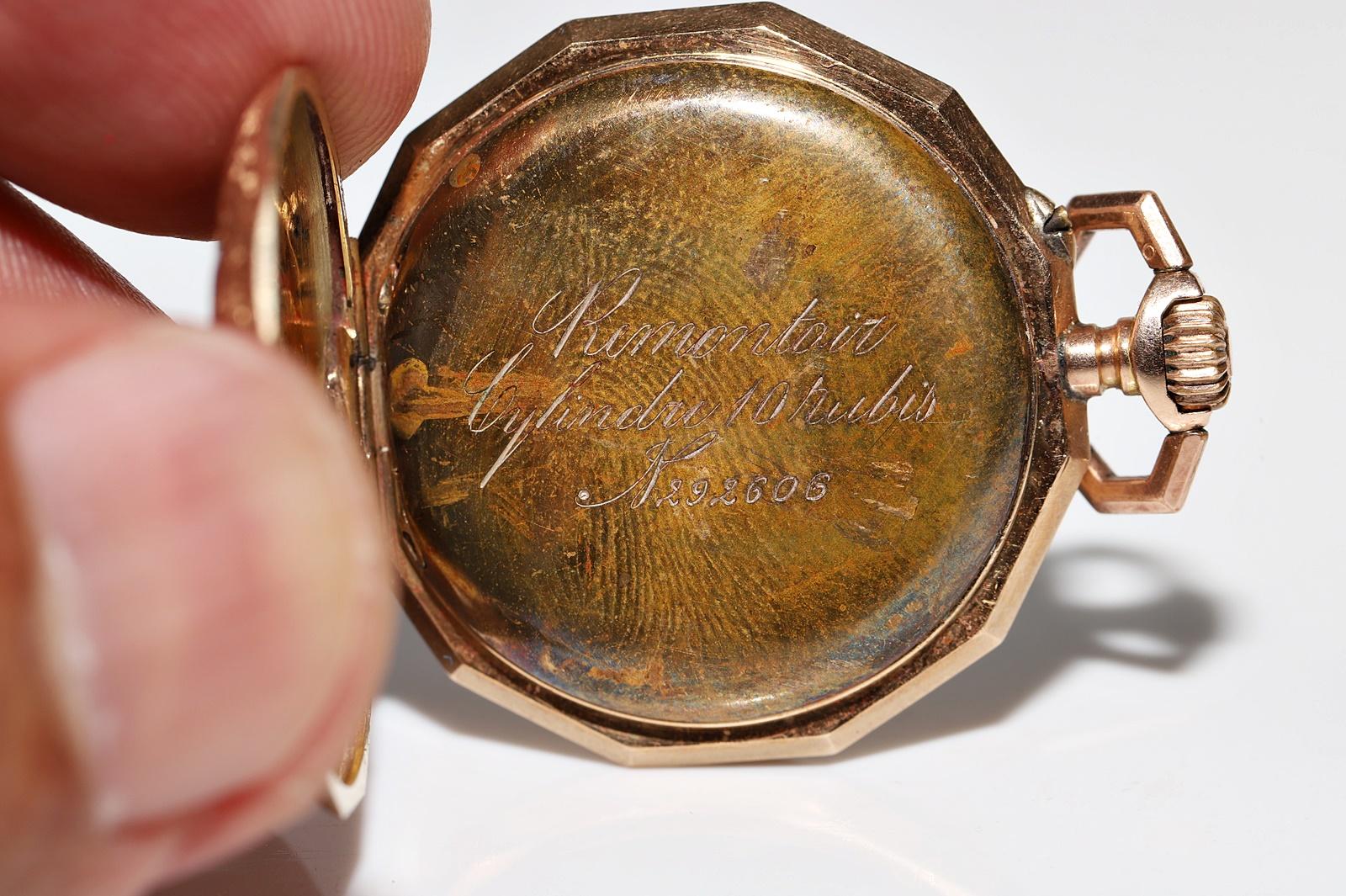 Antike 14k Gold Emaille-Taschenuhr mit verziertem Anhänger im Angebot 1