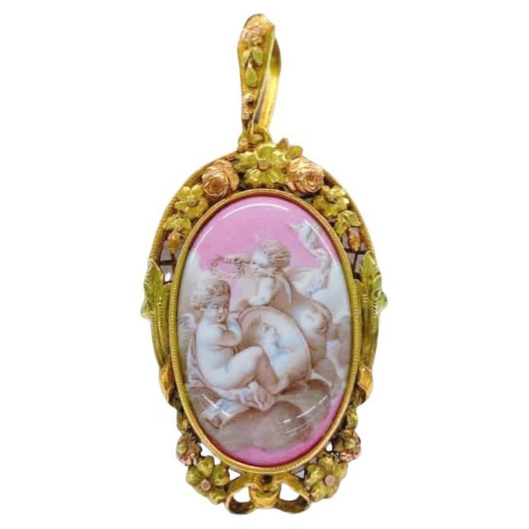 Antique 14k Gold Enamel Locket Pendant For Sale at 1stDibs