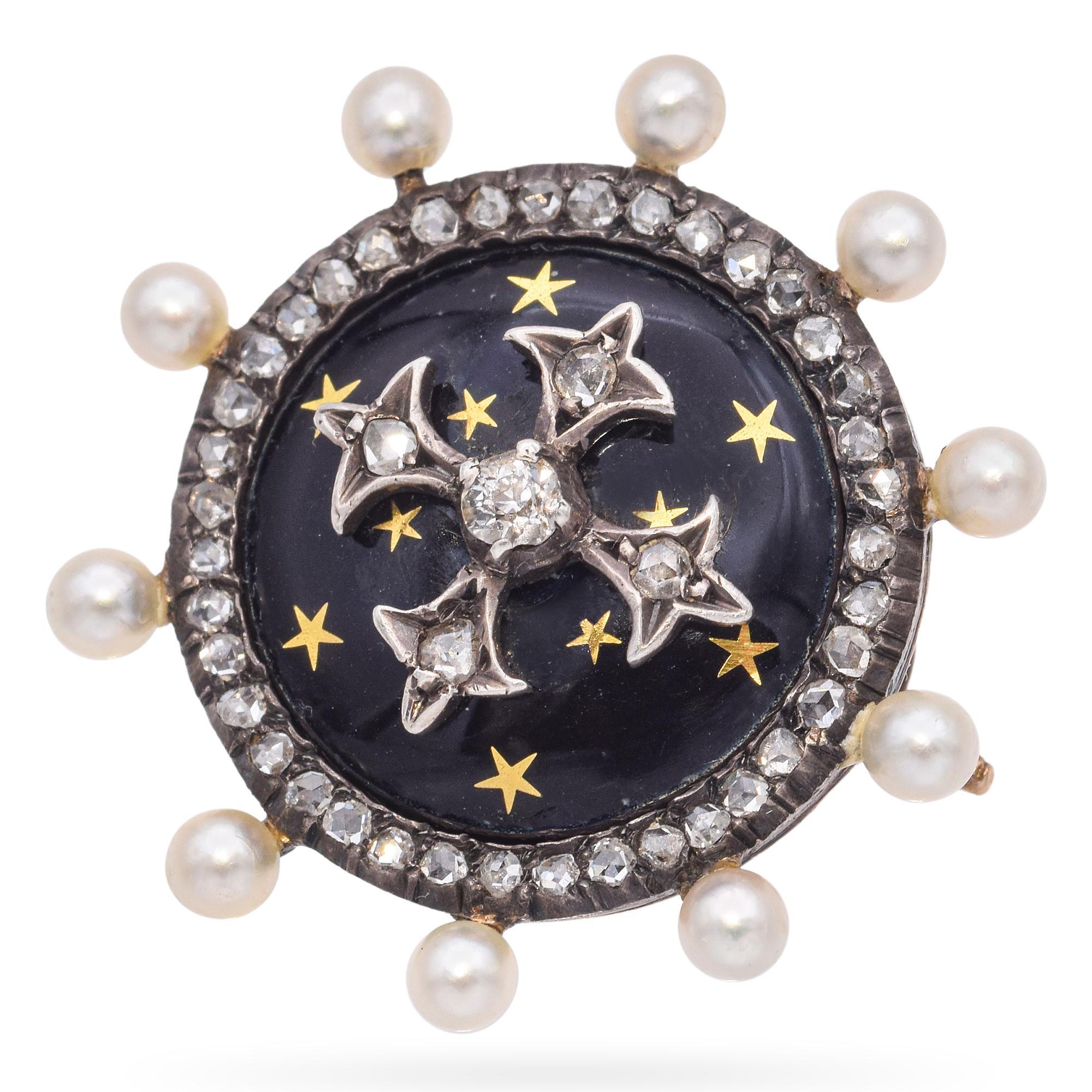 This exquisite Victorian mourning brooch is a stunning example of sentimental jewelry from the 19th century, designed to commemorate and honor lost loved ones. The piece features a dramatic black enamel dome adorned with a diamond-set Maltese cross,