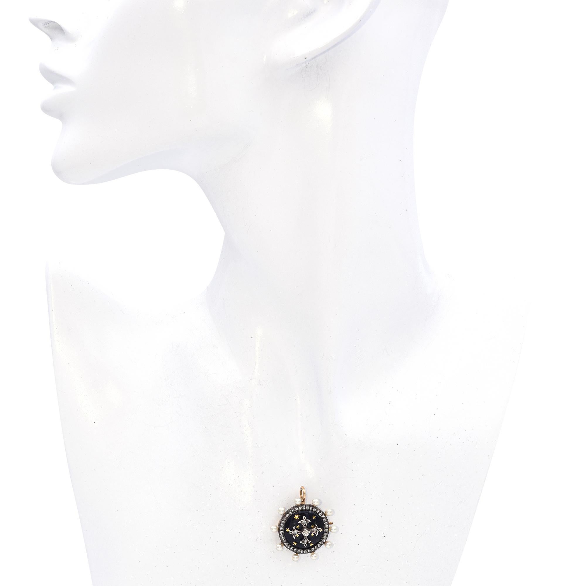 Victorian Antique 14k Gold Enamel Maltese Cross Pearl and Rose Cut Diamond Mourning Brooch For Sale