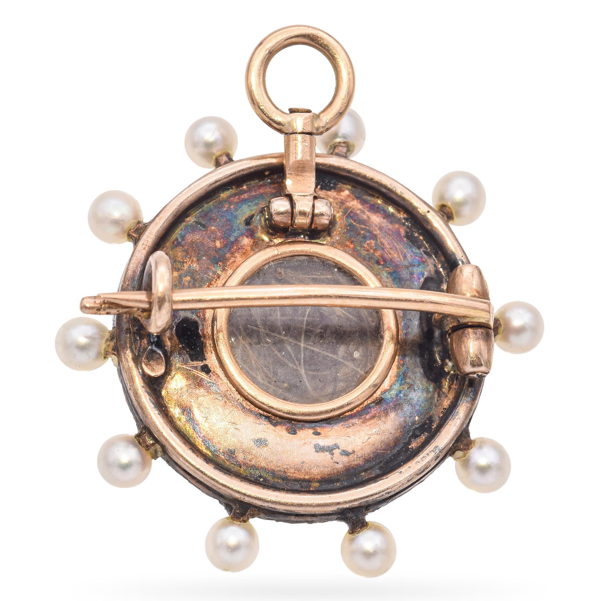Antique 14k Gold Enamel Maltese Cross Pearl and Rose Cut Diamond Mourning Brooch In Good Condition For Sale In New York, NY