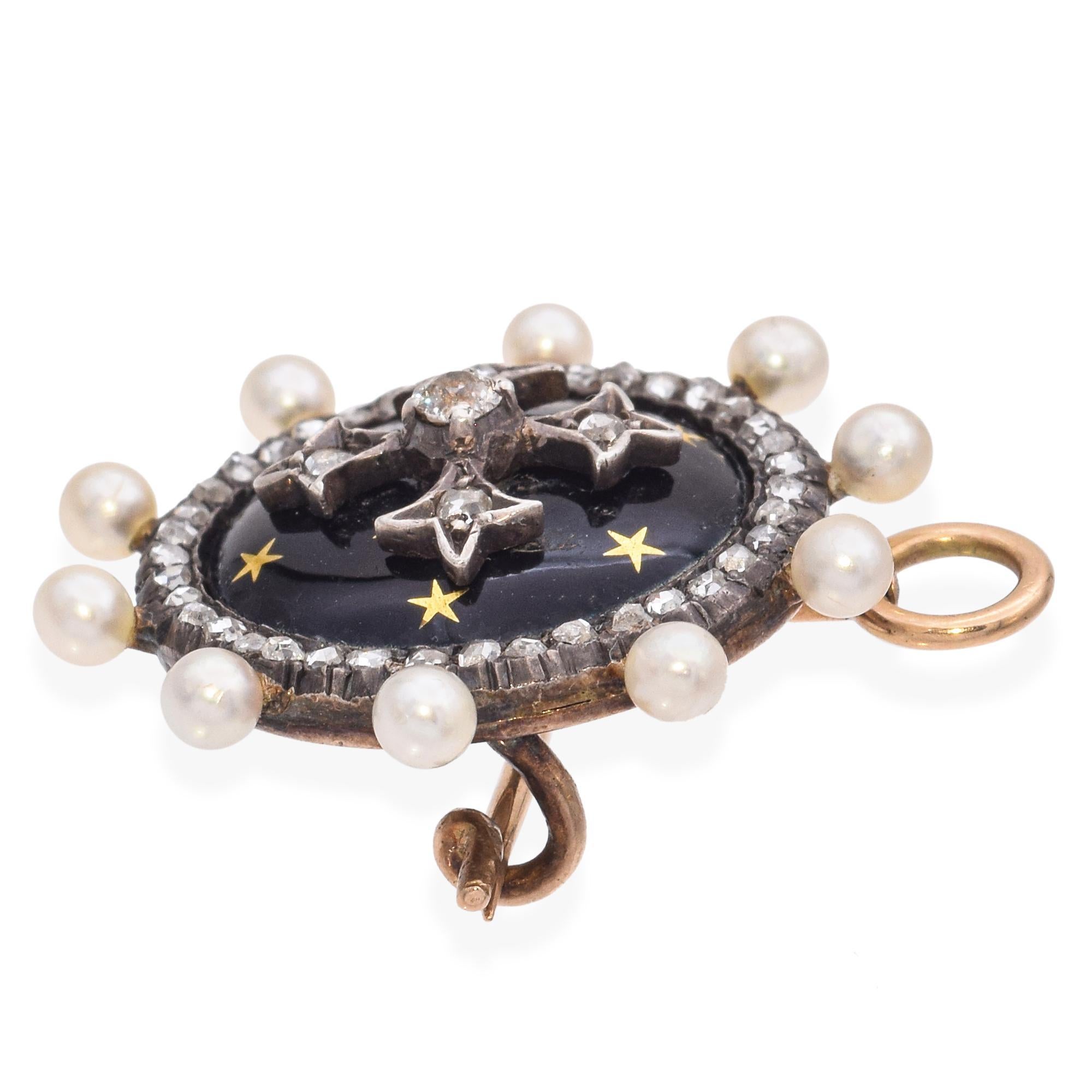 Women's Antique 14k Gold Enamel Maltese Cross Pearl and Rose Cut Diamond Mourning Brooch For Sale