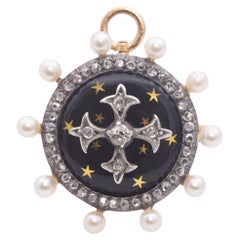 Antique 14k Gold Enamel Maltese Cross Pearl and Rose Cut Diamond Mourning Brooch